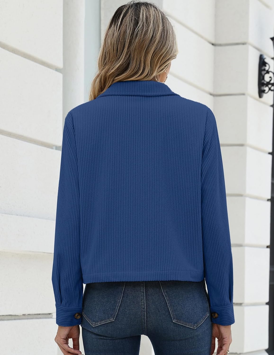 image:imageZeagoo Womens Fashion Cropped Jacket Corduroy Button Down Long Sleeve CoatsNavy