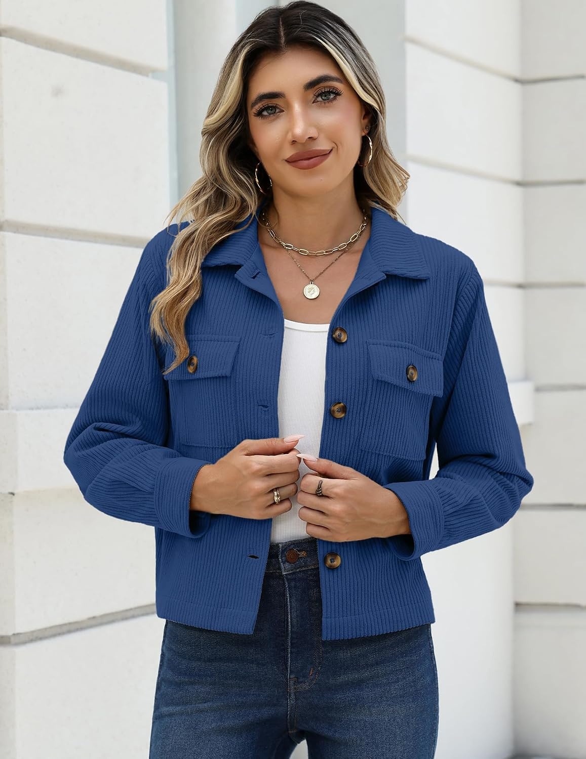 image:imageZeagoo Womens Fashion Cropped Jacket Corduroy Button Down Long Sleeve CoatsNavy