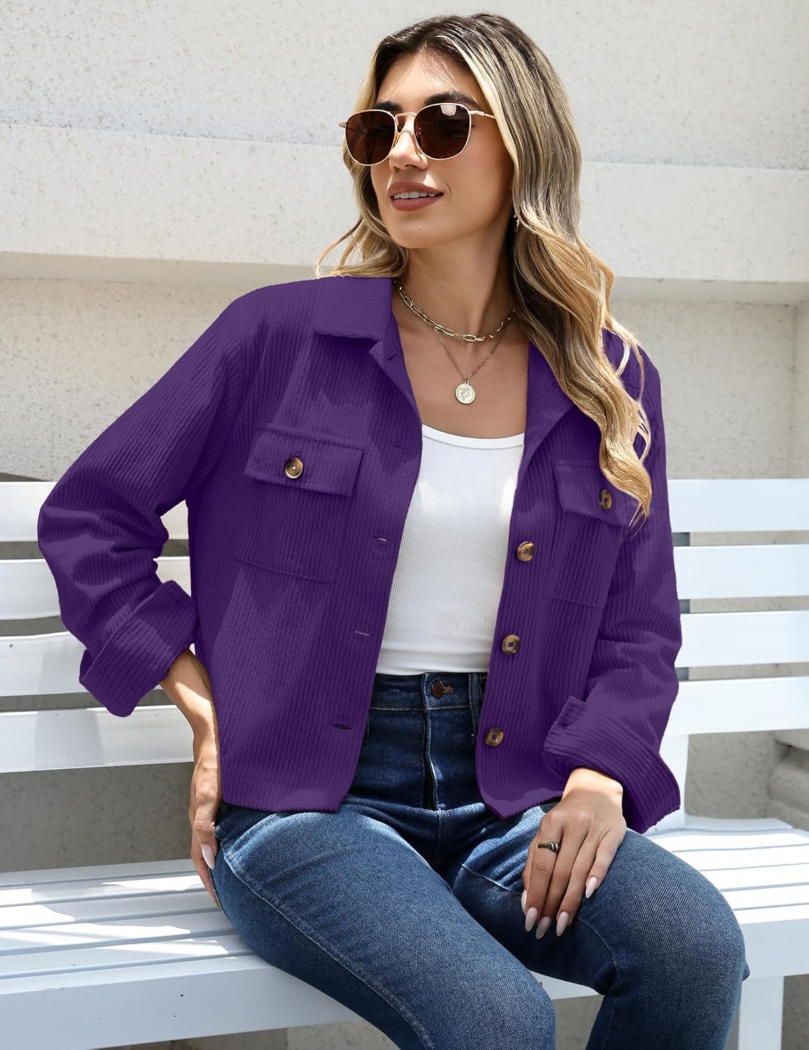 image:imageZeagoo Womens Fashion Cropped Jacket Corduroy Button Down Long Sleeve CoatsPurple