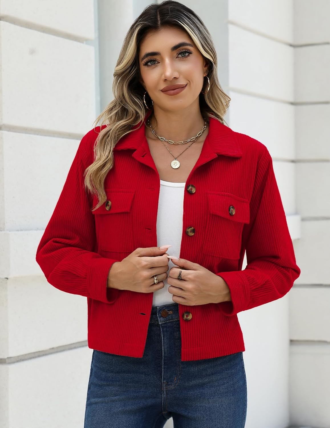 image:imageZeagoo Womens Fashion Cropped Jacket Corduroy Button Down Long Sleeve CoatsRed