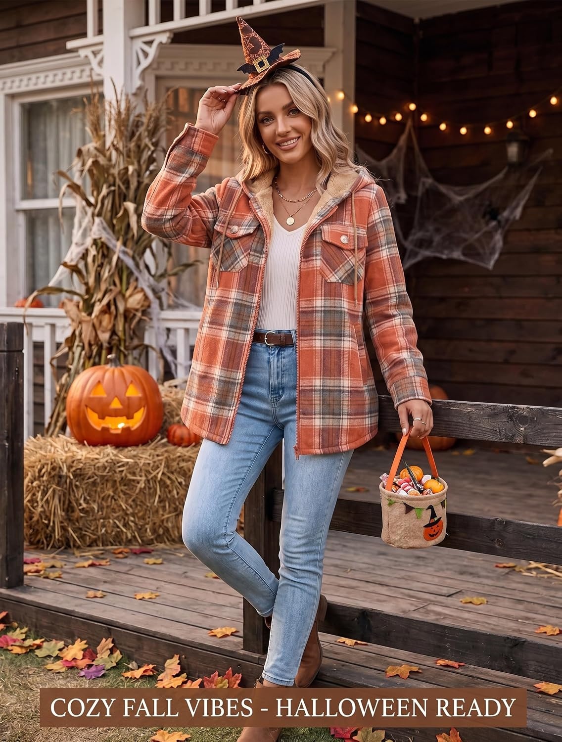 image:imageZeagoo Womens Flannel Jacket Plaid Fleece Lined Shacket Hooded Winter Coats3orange Gz867