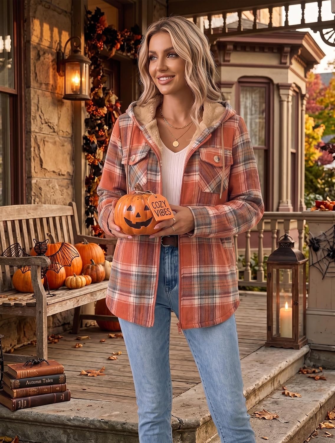image:imageZeagoo Womens Flannel Jacket Plaid Fleece Lined Shacket Hooded Winter Coats3orange Gz867