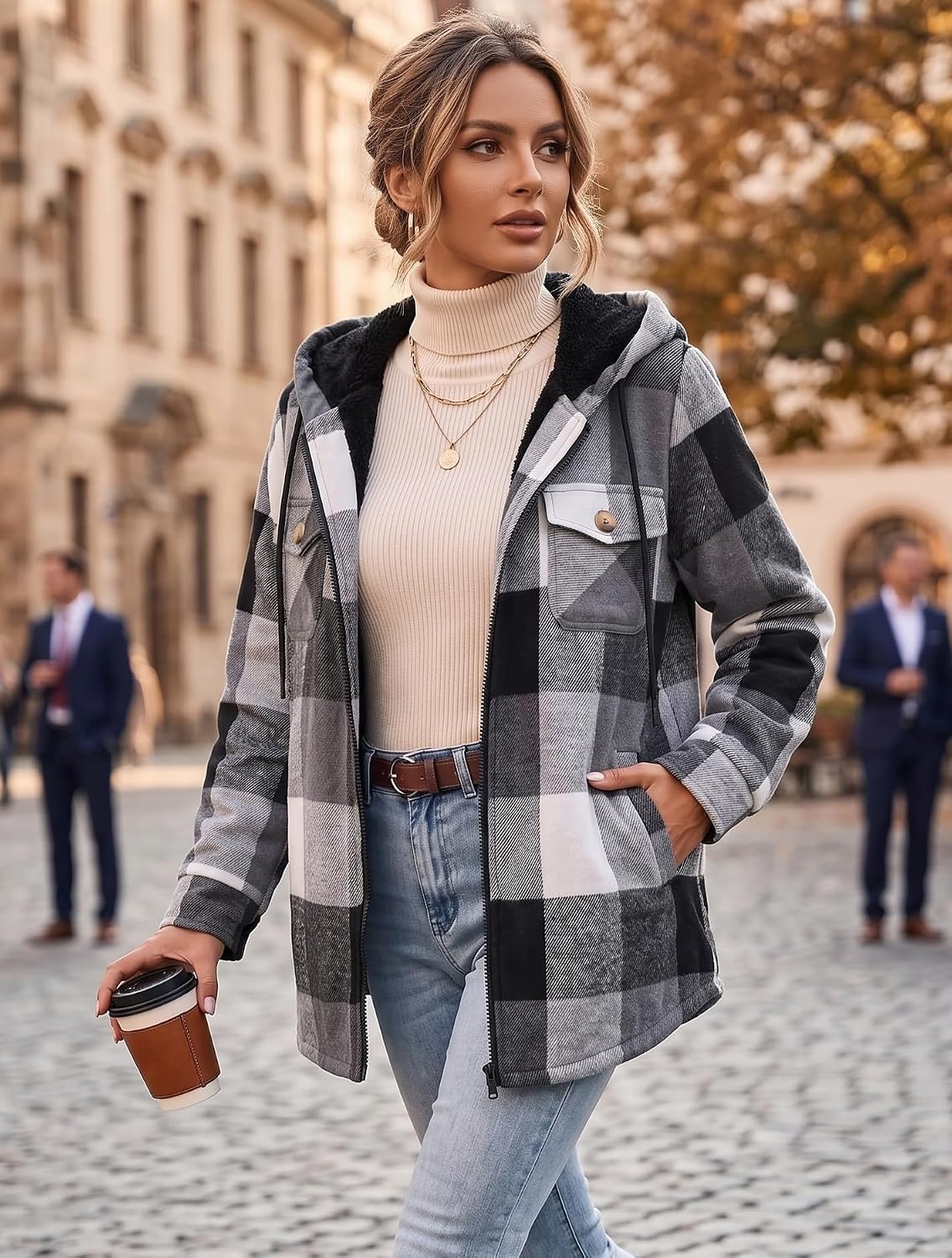 image:imageZeagoo Womens Flannel Jacket Plaid Fleece Lined Shacket Hooded Winter CoatsBlack Gw39