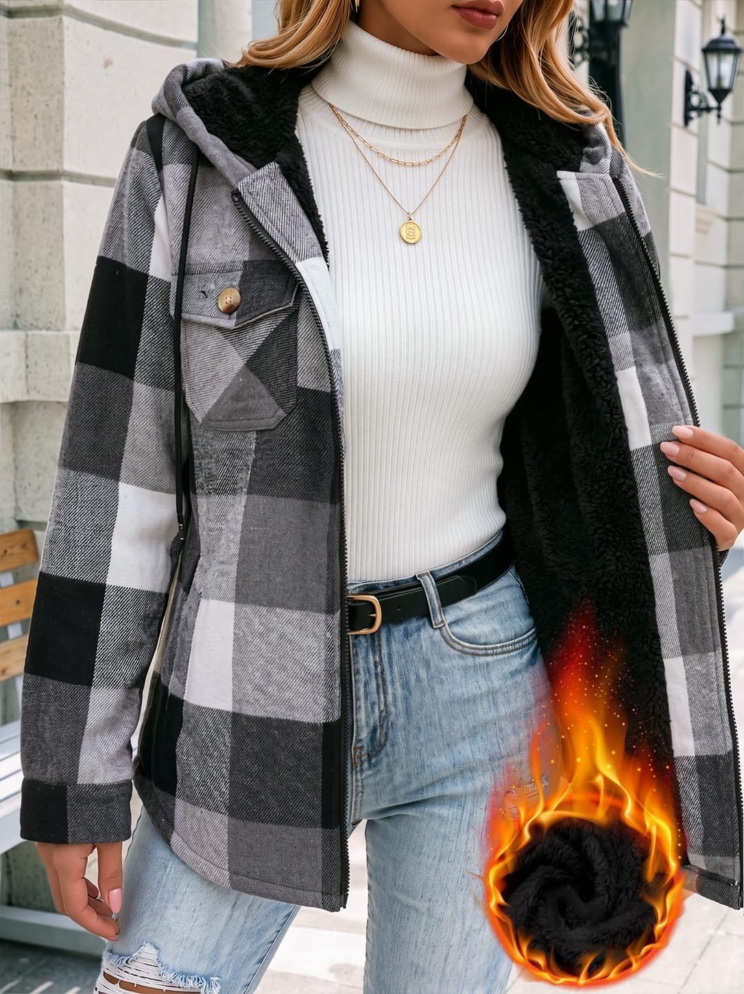 image:imageZeagoo Womens Flannel Jacket Plaid Fleece Lined Shacket Hooded Winter CoatsBlack Gw39