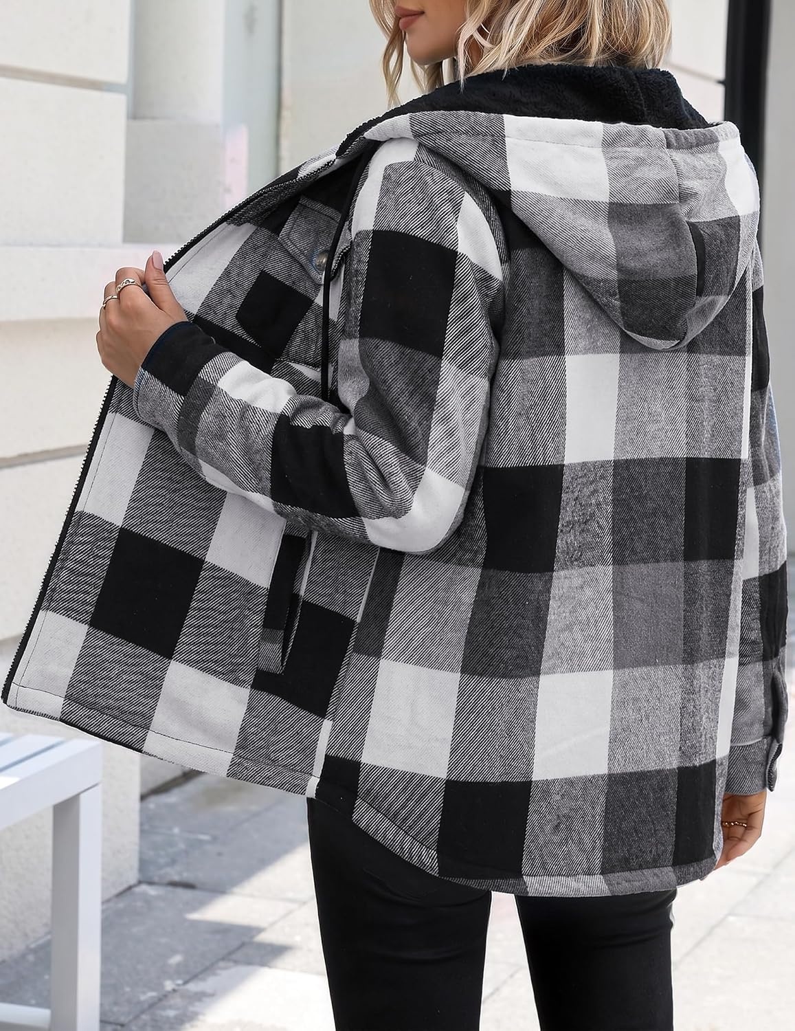 image:imageZeagoo Womens Flannel Jacket Plaid Fleece Lined Shacket Hooded Winter CoatsBlack Gw39