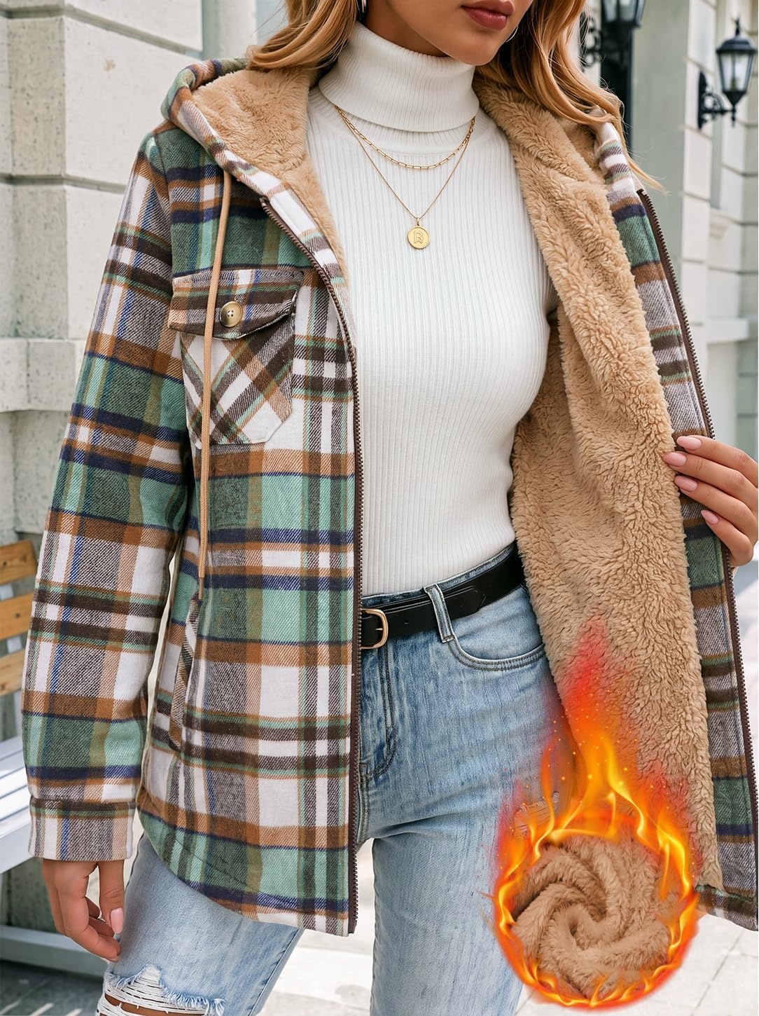 image:imageZeagoo Womens Flannel Jacket Plaid Fleece Lined Shacket Hooded Winter CoatsGreen Gz552