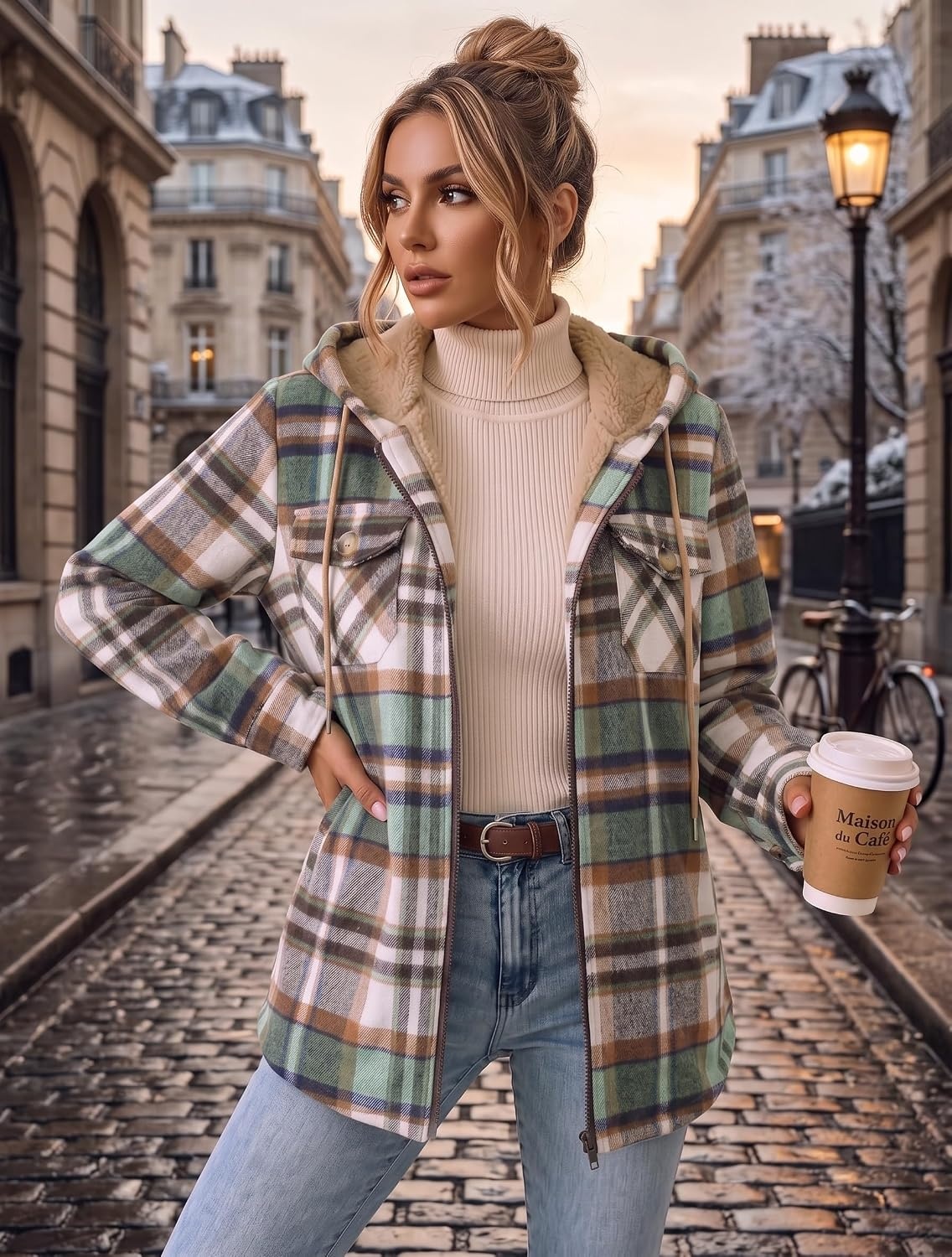 image:imageZeagoo Womens Flannel Jacket Plaid Fleece Lined Shacket Hooded Winter CoatsGreen Gz552