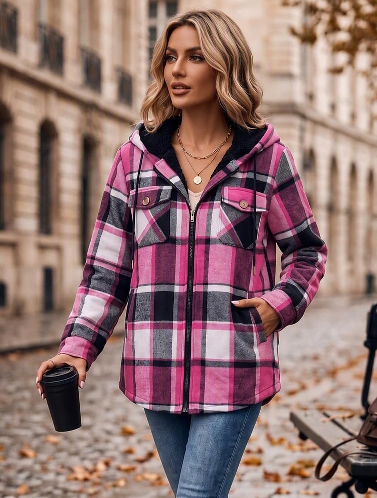 image:imageZeagoo Womens Flannel Jacket Plaid Fleece Lined Shacket Hooded Winter CoatsHot Pink Gz553