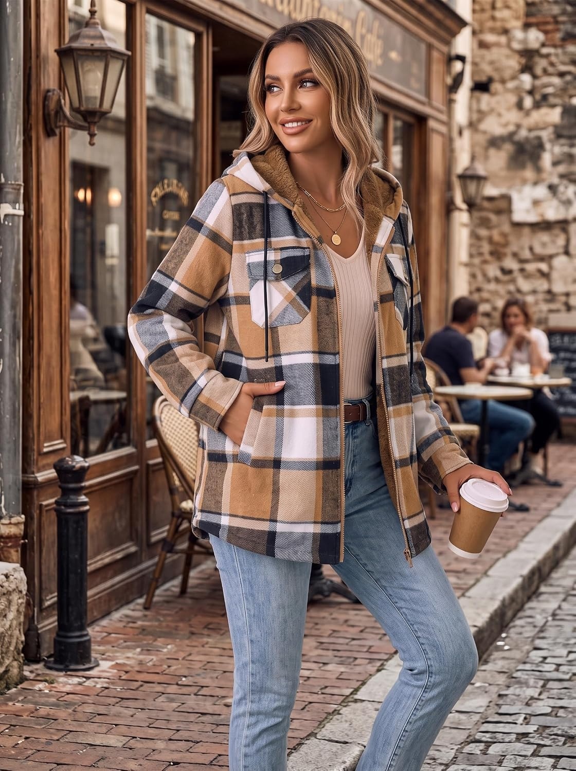 image:imageZeagoo Womens Flannel Jacket Plaid Fleece Lined Shacket Hooded Winter CoatsKhaki Gz539