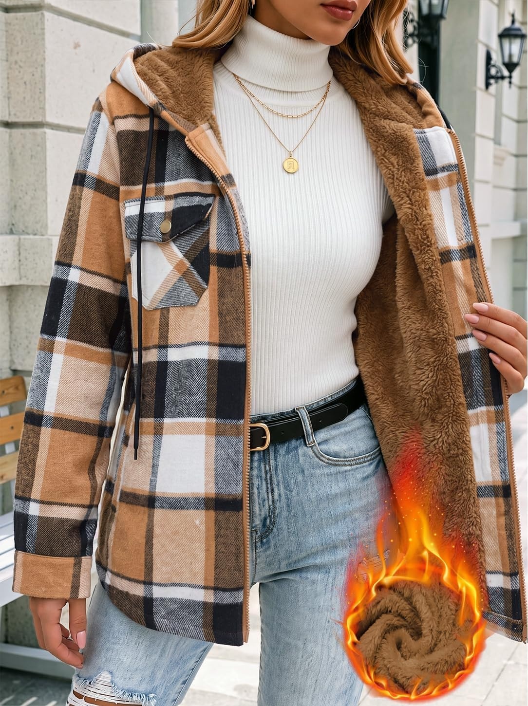 image:imageZeagoo Womens Flannel Jacket Plaid Fleece Lined Shacket Hooded Winter CoatsKhaki Gz539
