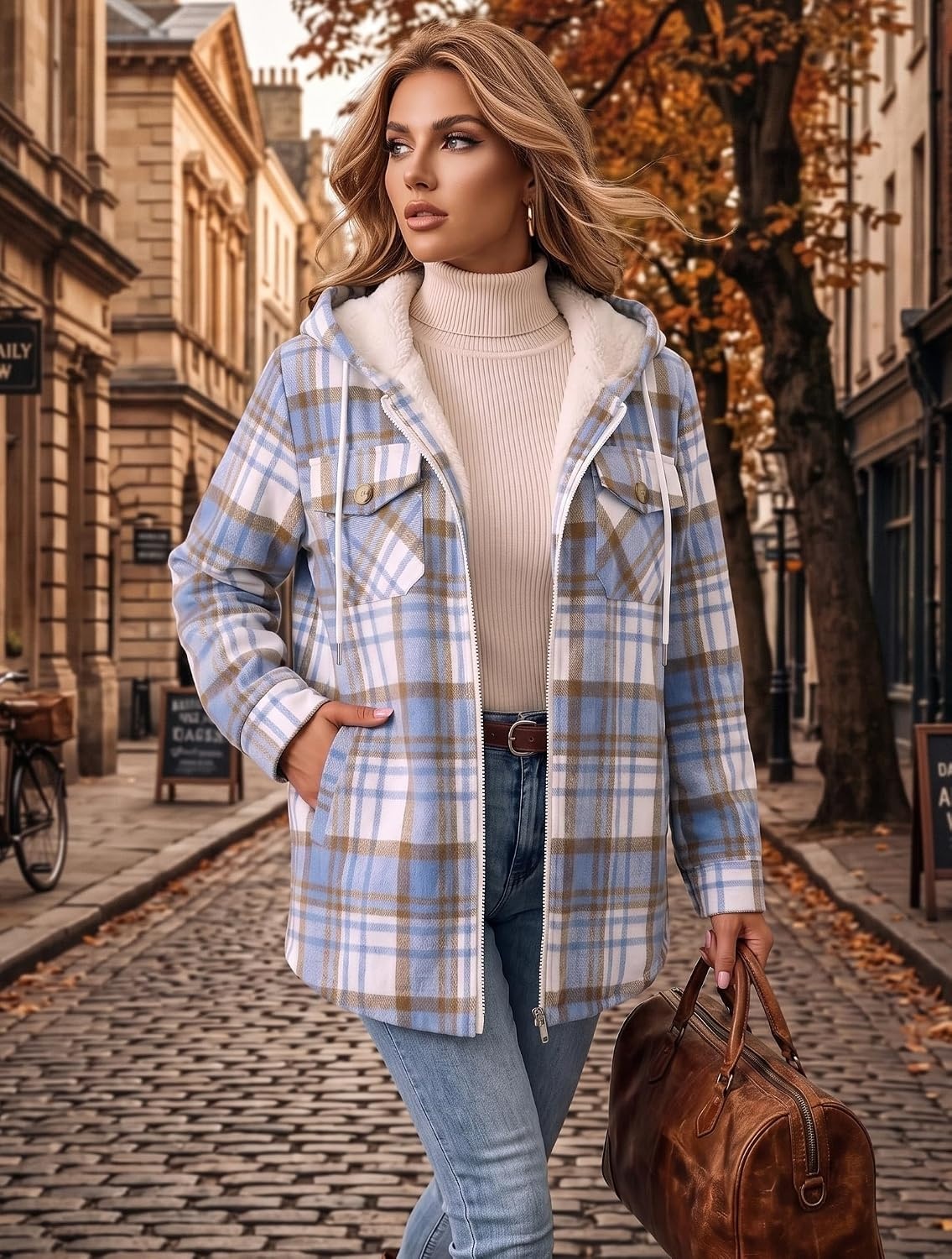image:imageZeagoo Womens Flannel Jacket Plaid Fleece Lined Shacket Hooded Winter CoatsLight Blue Gz866