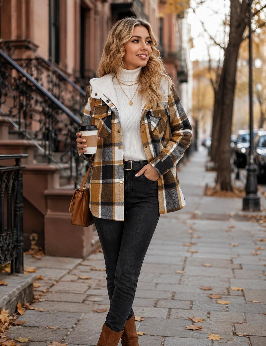 image:imageZeagoo Womens Flannel Plaid Jacket Fleece Lined Shacket Hooded Warm CoatBrown Plaid