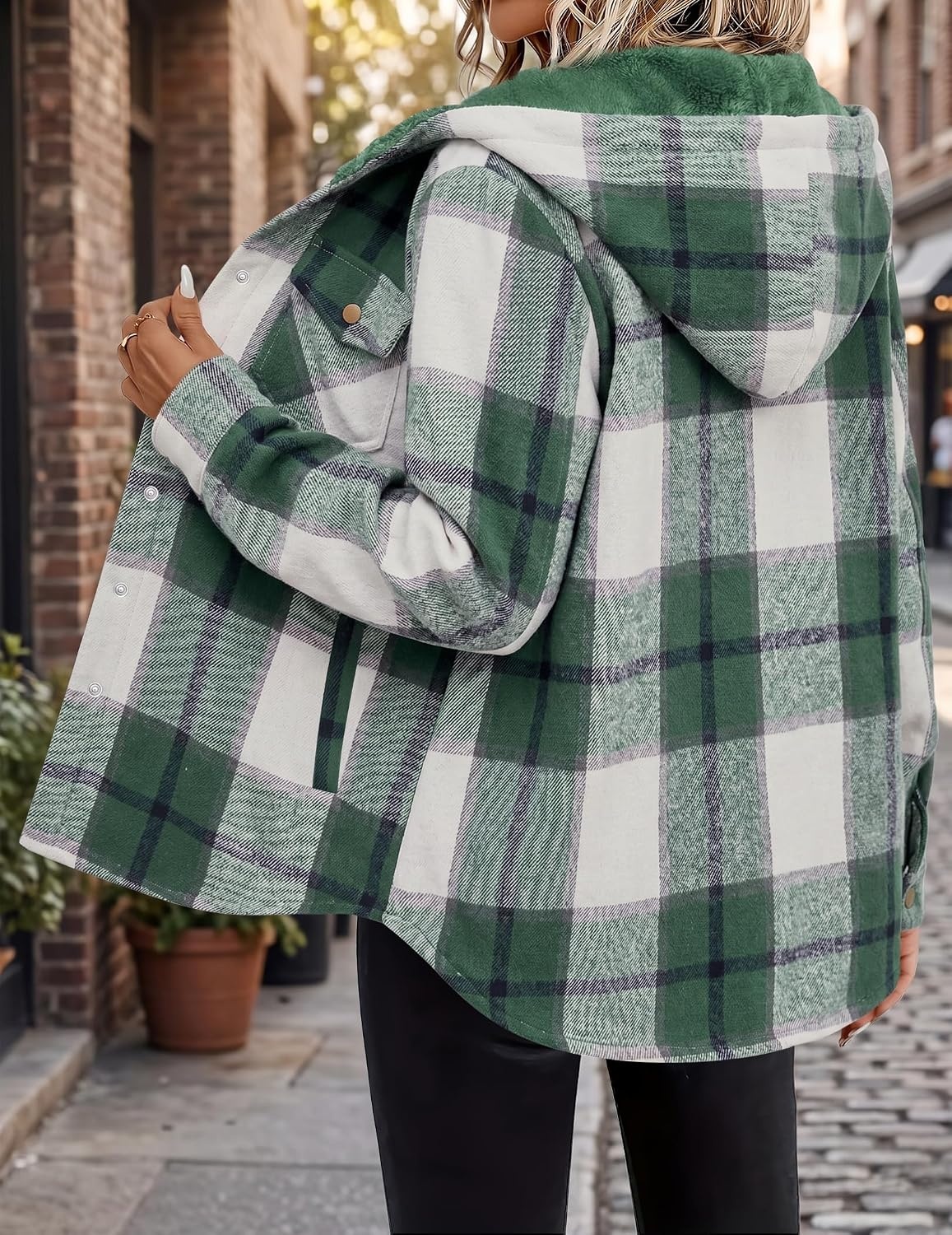 image:imageZeagoo Womens Flannel Plaid Jacket Fleece Lined Shacket Hooded Warm CoatGreen Plaid