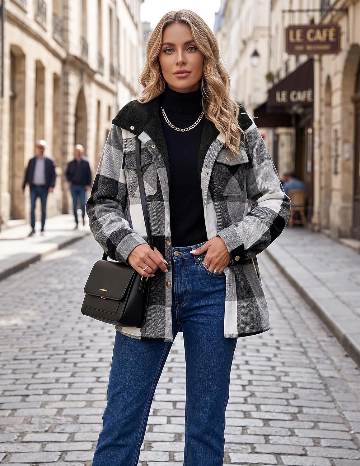 image:imageZeagoo Womens Flannel Plaid Jacket Fleece Lined Shacket Hooded Warm CoatGrey Black