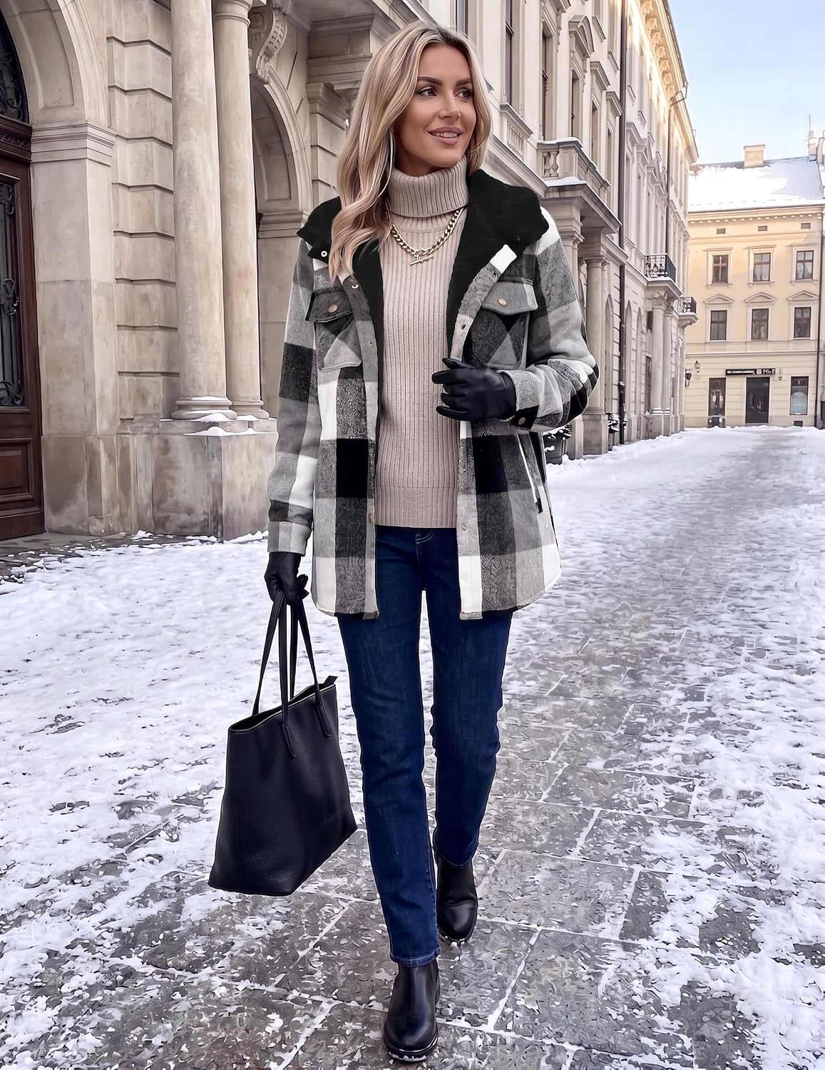 image:imageZeagoo Womens Flannel Plaid Jacket Fleece Lined Shacket Hooded Warm CoatGrey Black