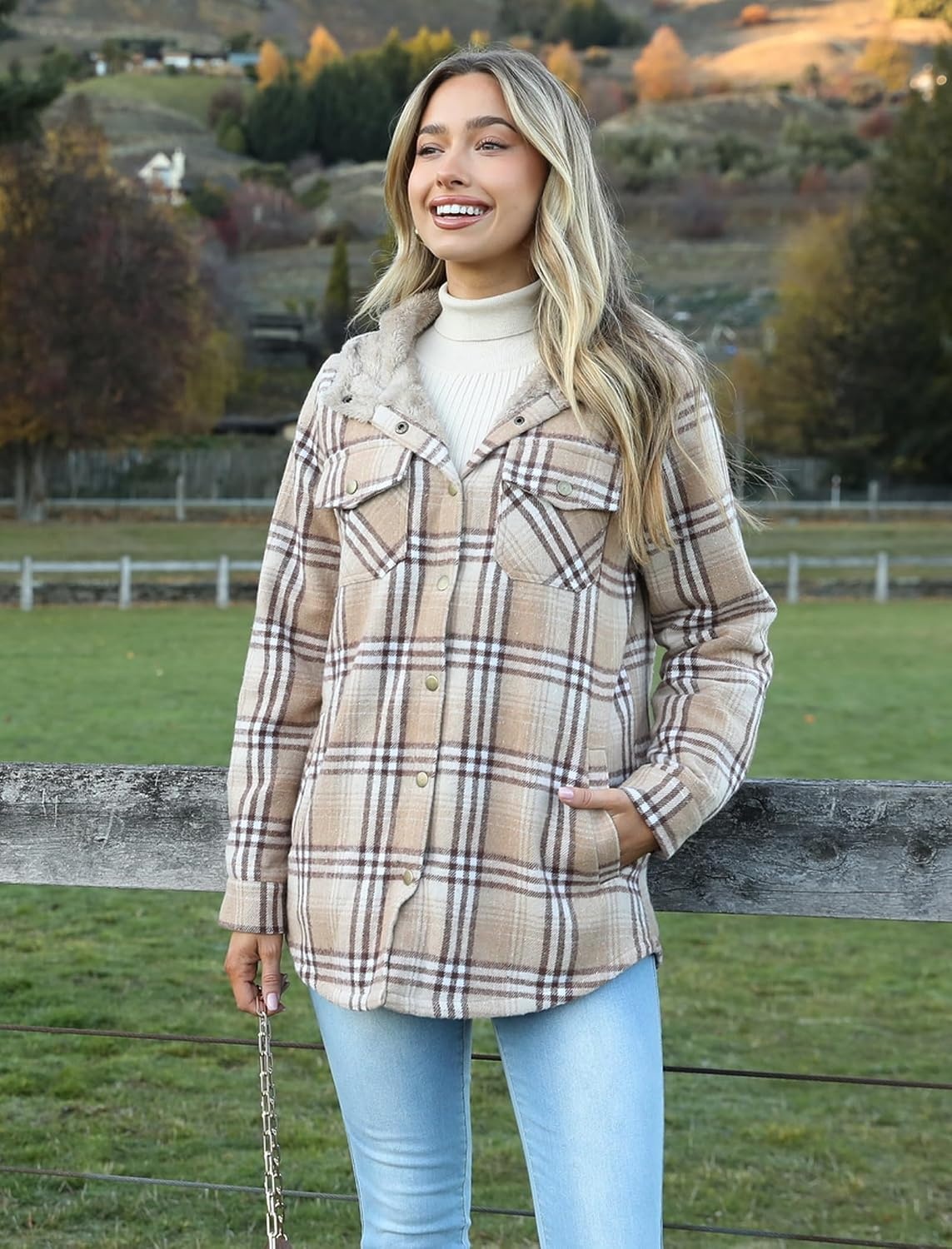 image:imageZeagoo Womens Flannel Plaid Jacket Fleece Lined Shacket Hooded Warm CoatKhaki
