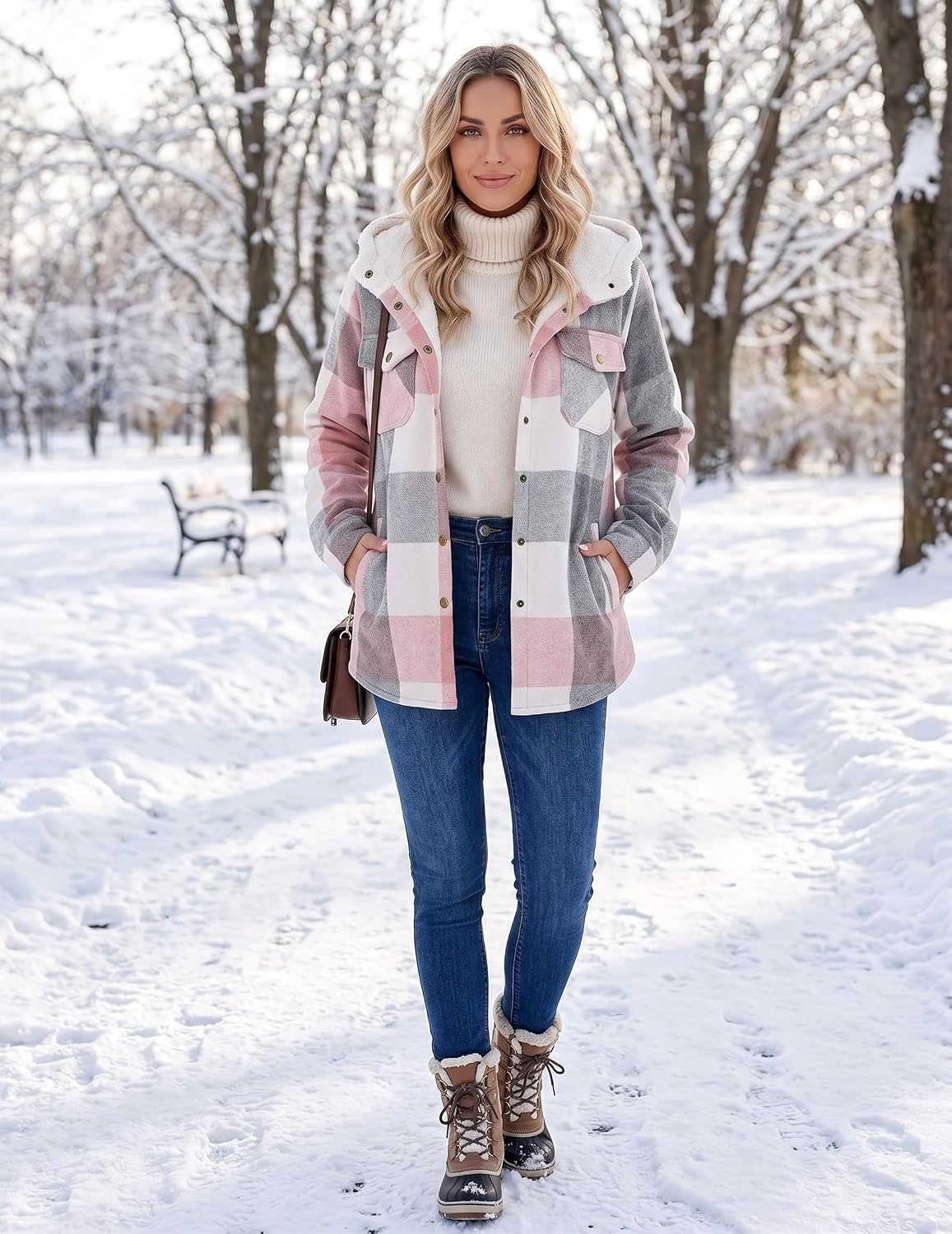 image:imageZeagoo Womens Flannel Plaid Jacket Fleece Lined Shacket Hooded Warm CoatLight Pink Plaid