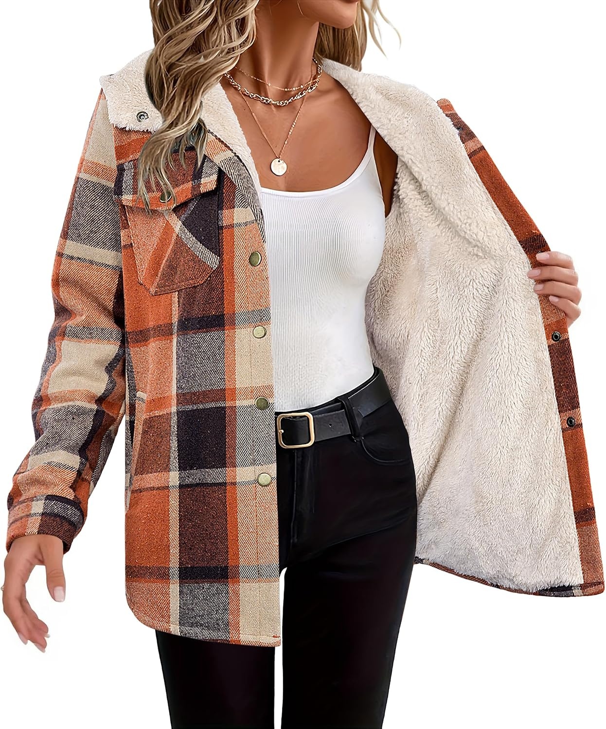 image:imageZeagoo Womens Flannel Plaid Jacket Fleece Lined Shacket Hooded Warm CoatOrange Plaid