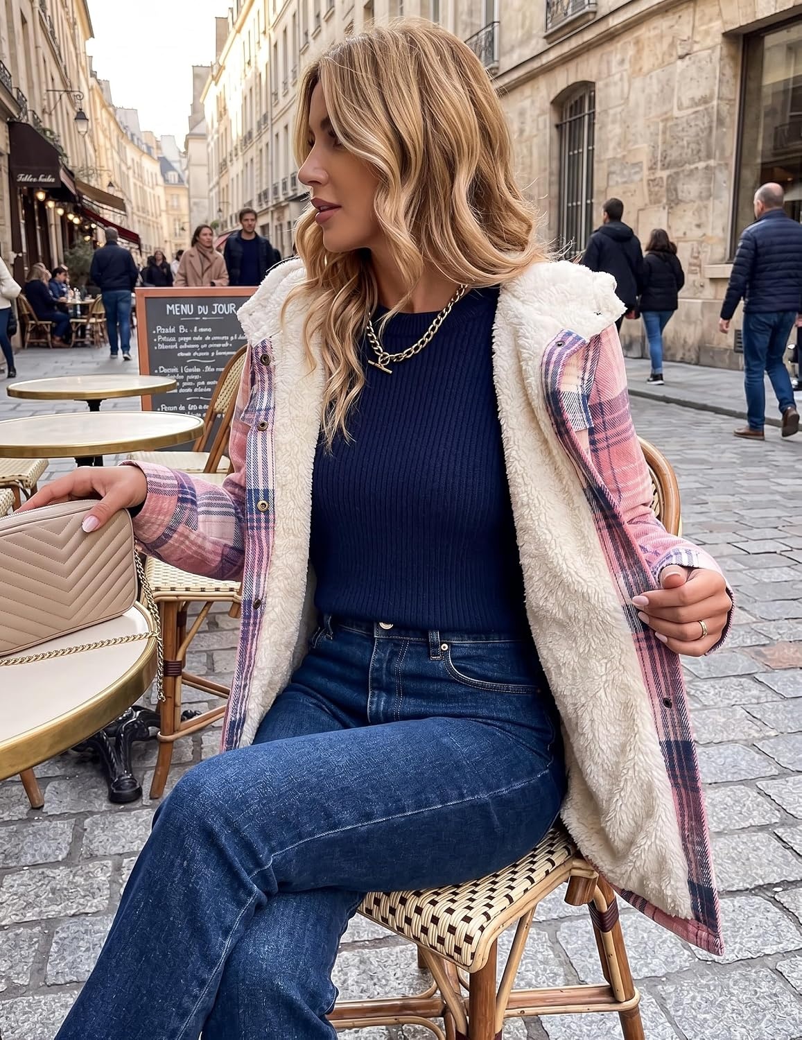image:imageZeagoo Womens Flannel Plaid Jacket Fleece Lined Shacket Hooded Warm CoatPink