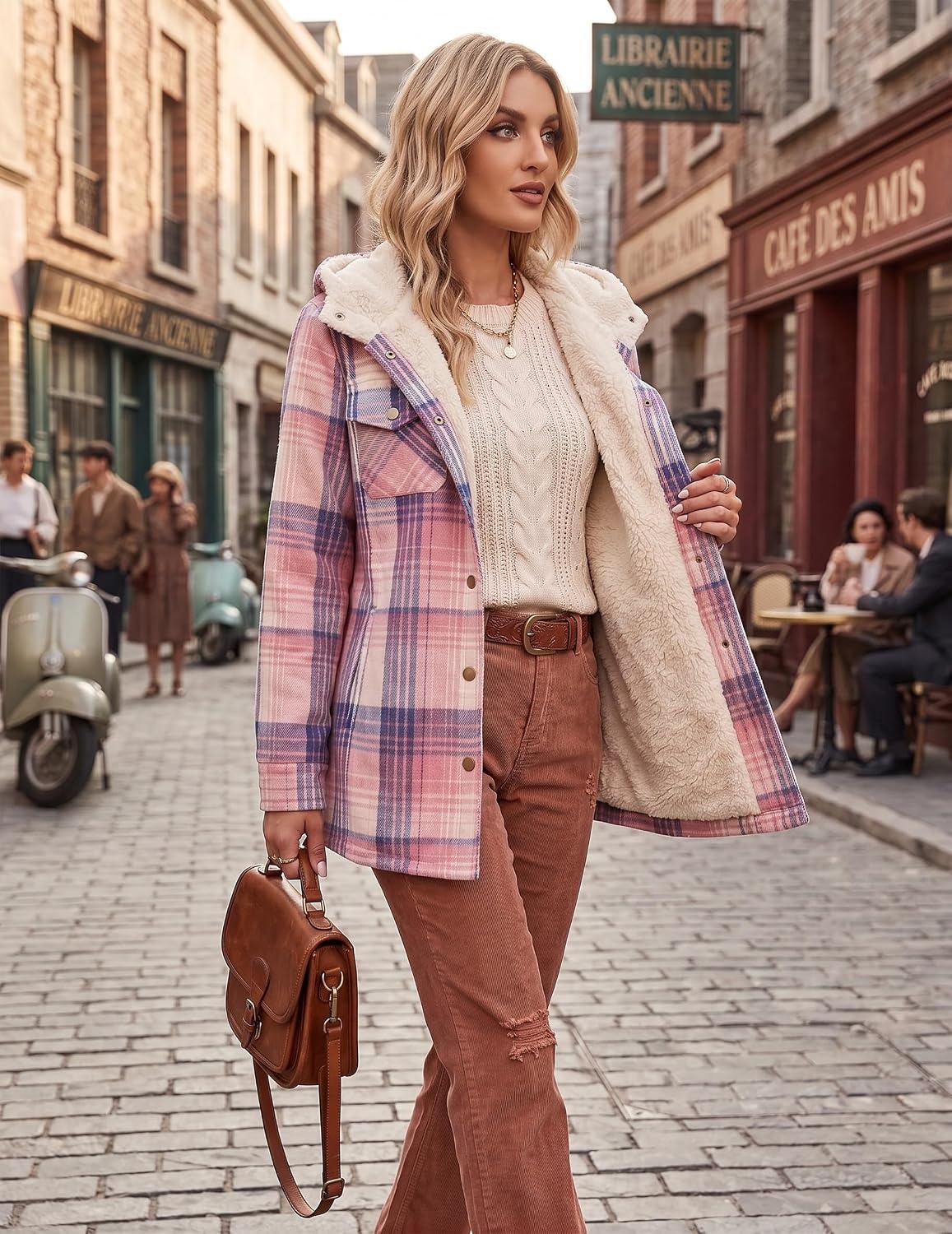 image:imageZeagoo Womens Flannel Plaid Jacket Fleece Lined Shacket Hooded Warm CoatPink
