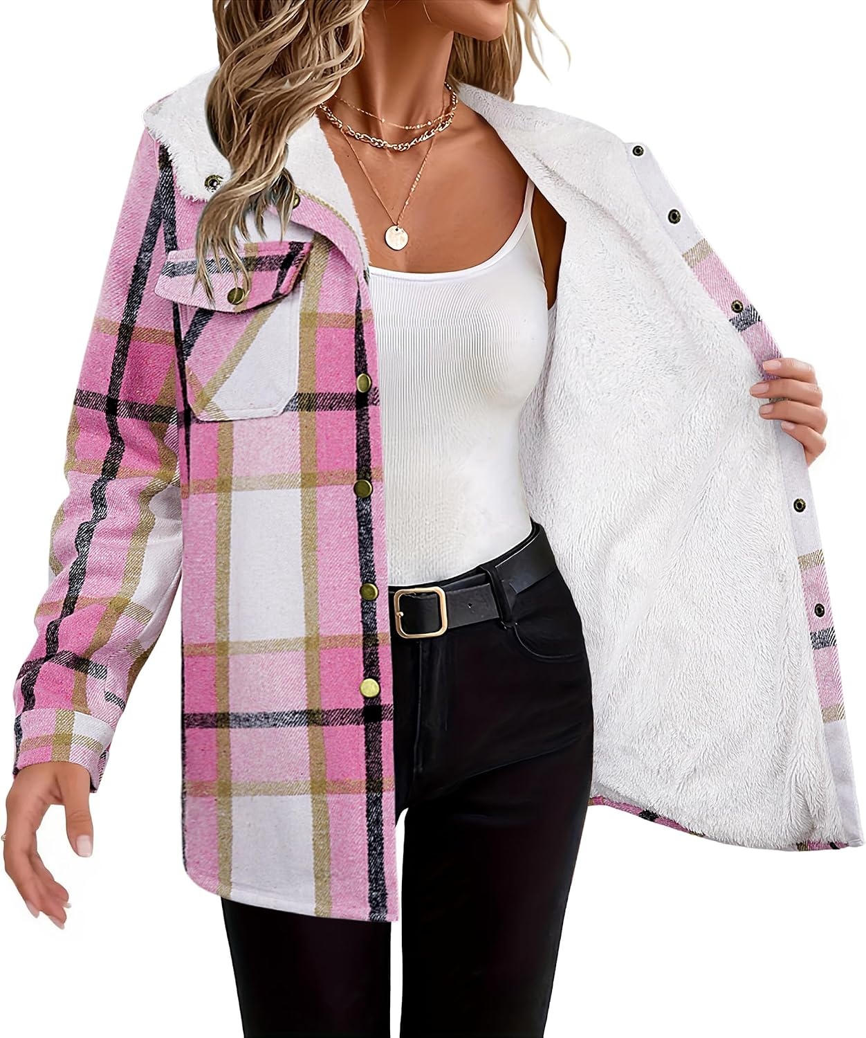 image:imageZeagoo Womens Flannel Plaid Jacket Fleece Lined Shacket Hooded Warm CoatPink Plaid
