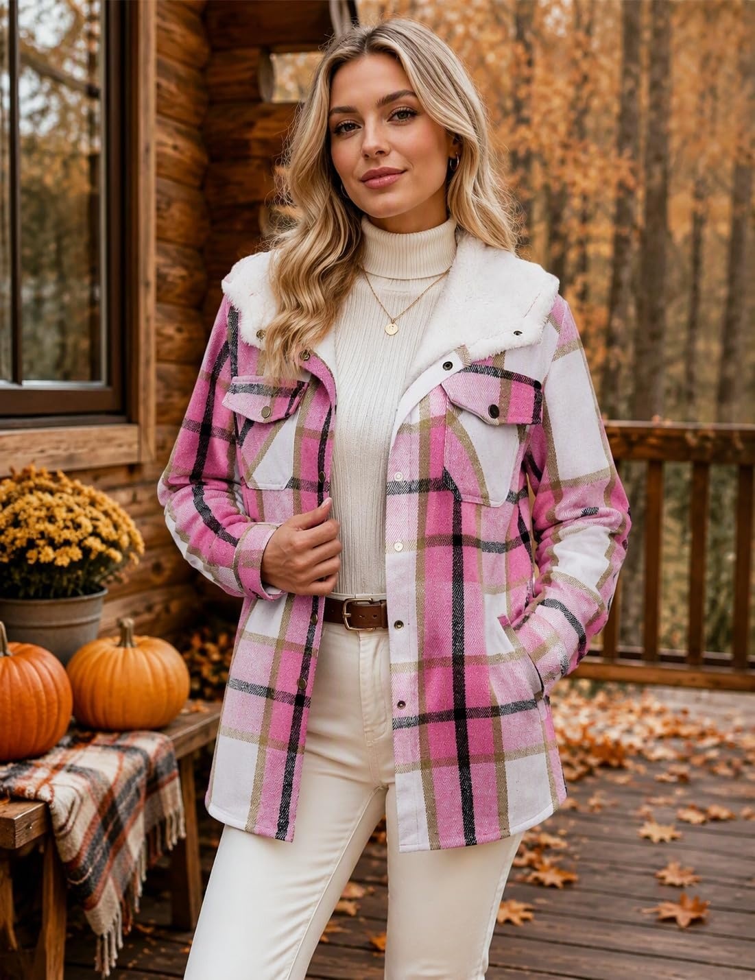 image:imageZeagoo Womens Flannel Plaid Jacket Fleece Lined Shacket Hooded Warm CoatPink Plaid