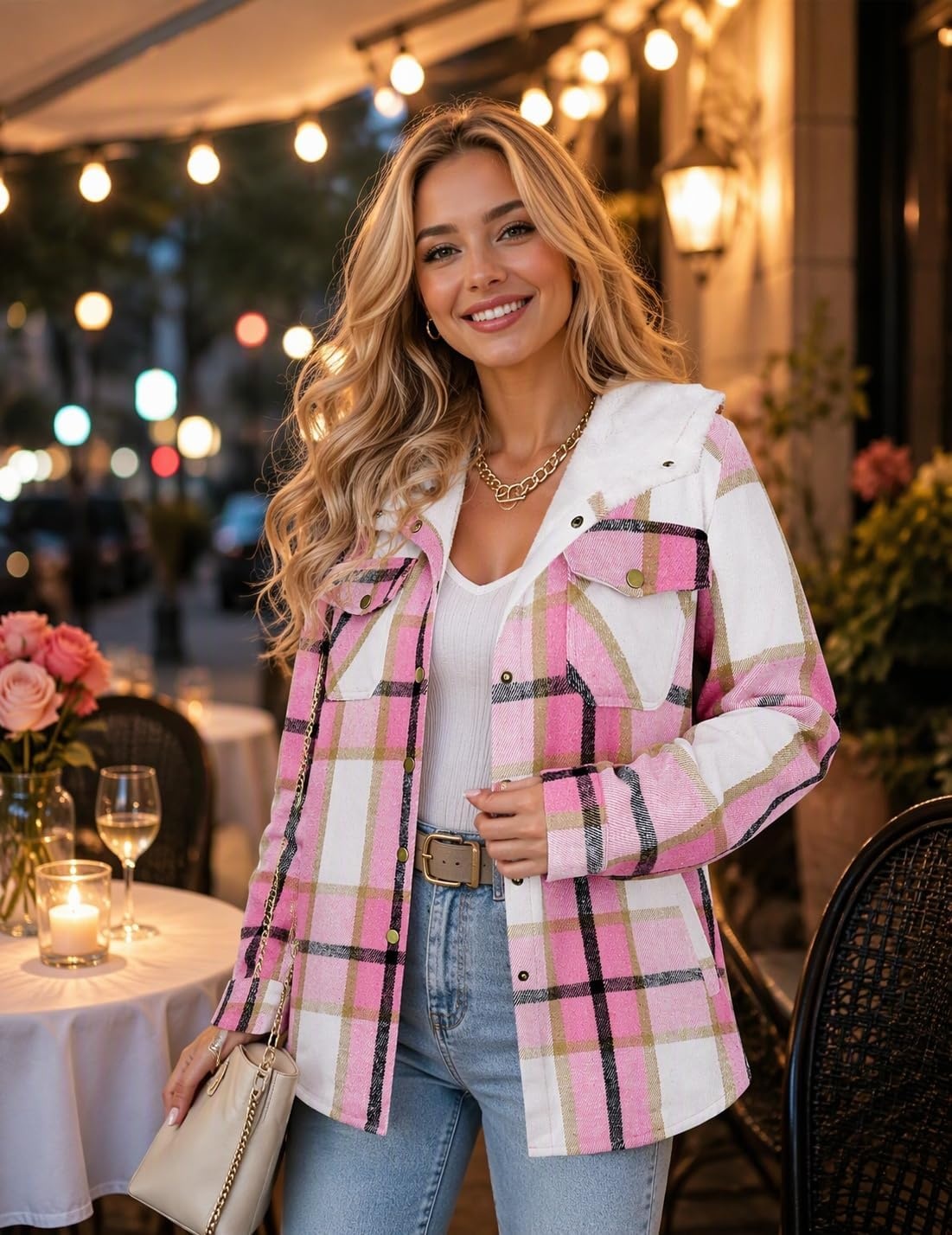 image:imageZeagoo Womens Flannel Plaid Jacket Fleece Lined Shacket Hooded Warm CoatPink Plaid