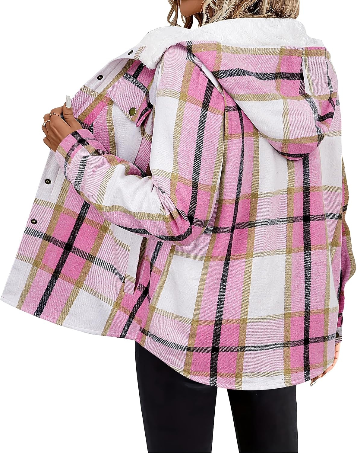 image:imageZeagoo Womens Flannel Plaid Jacket Fleece Lined Shacket Hooded Warm CoatPink Plaid