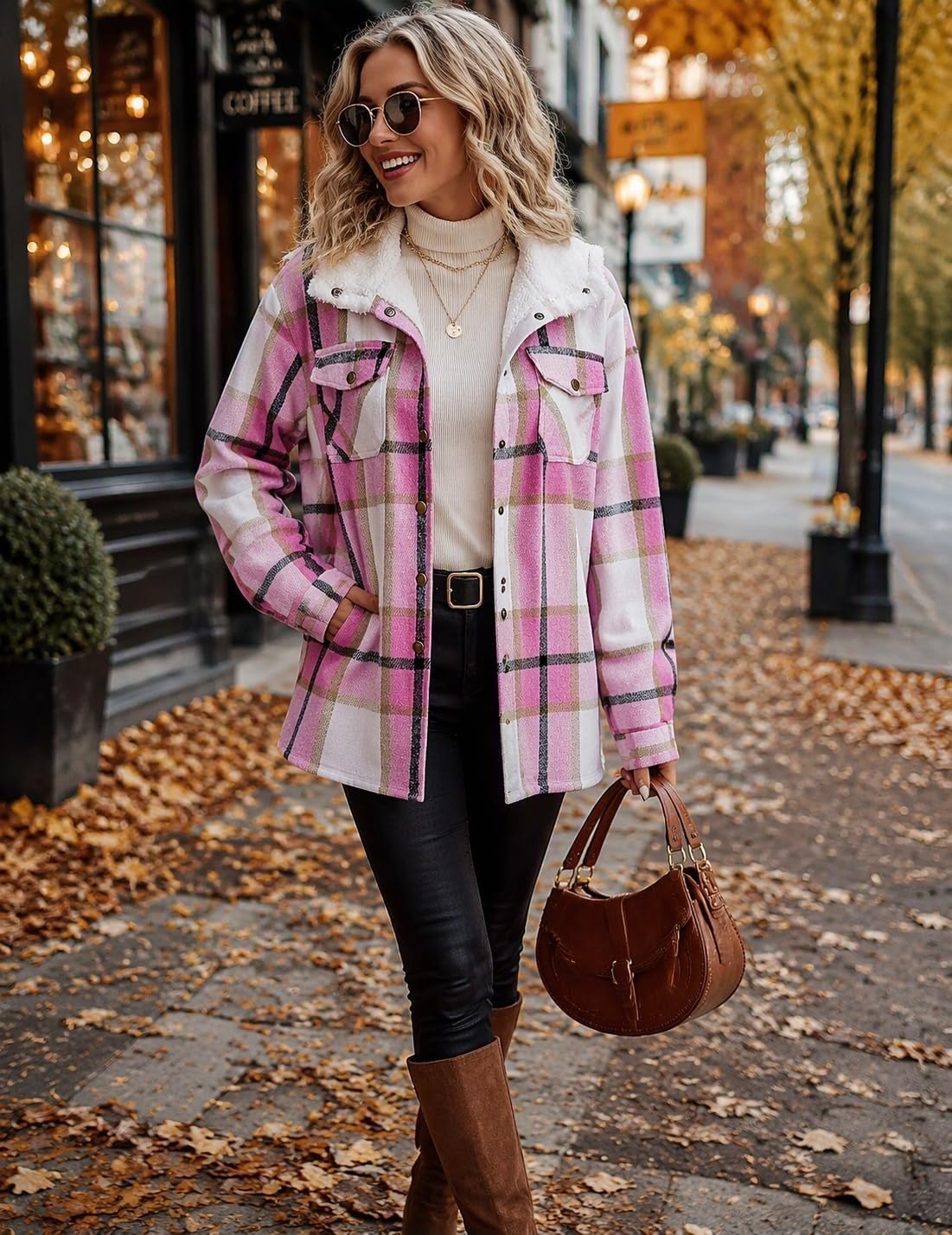 image:imageZeagoo Womens Flannel Plaid Jacket Fleece Lined Shacket Hooded Warm CoatPink Plaid