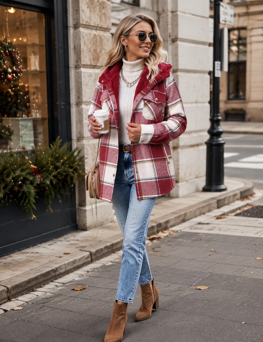 image:imageZeagoo Womens Flannel Plaid Jacket Fleece Lined Shacket Hooded Warm CoatWine Red