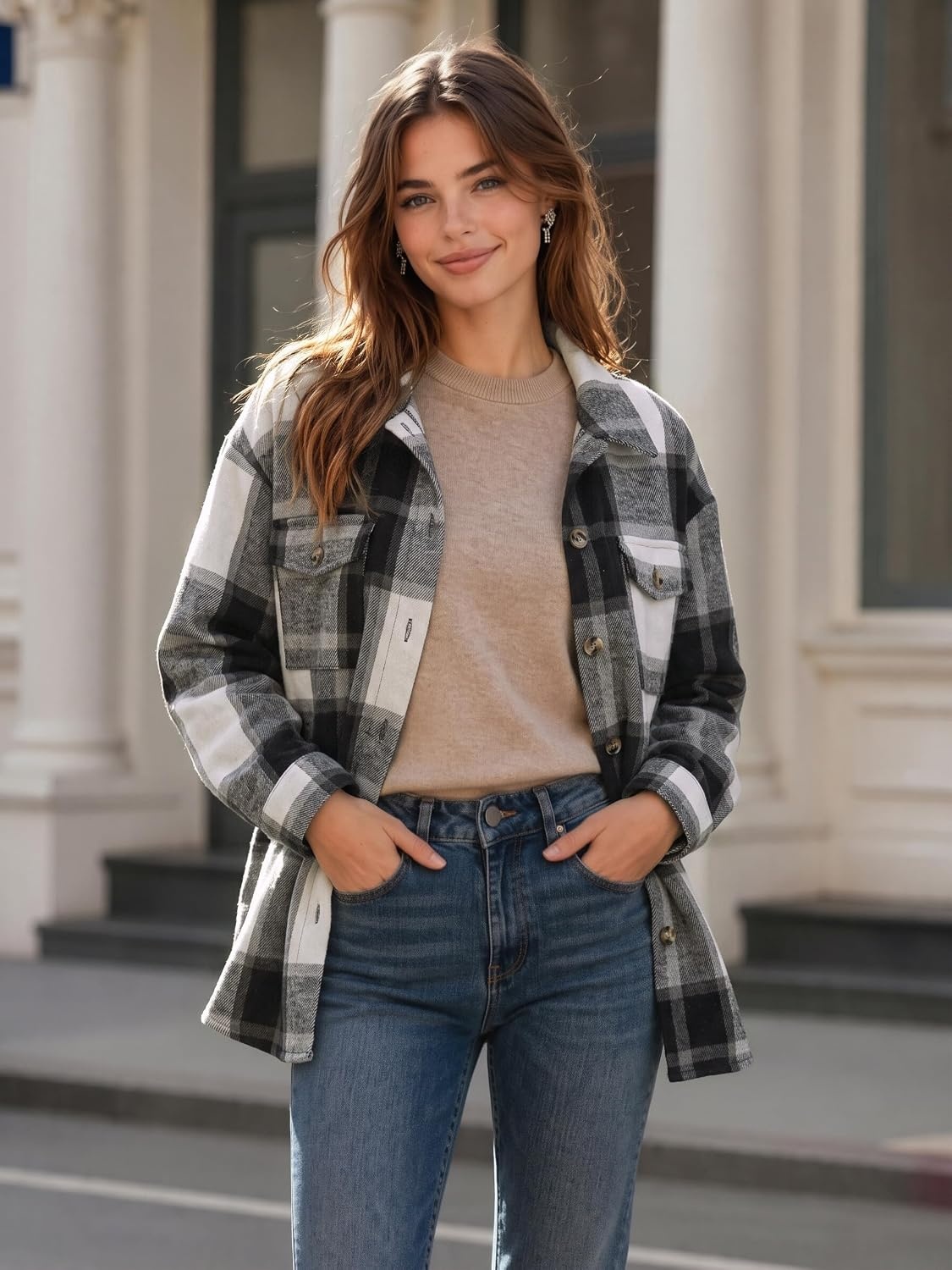 image:imageZeagoo Womens Flannel Plaid Shacket Long Sleeve Button Down Jacket S2XLAgray