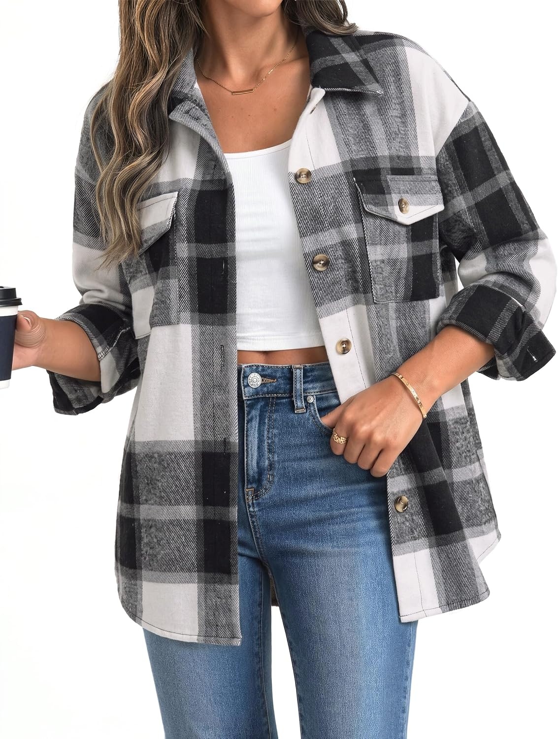 image:imageZeagoo Womens Flannel Plaid Shacket Long Sleeve Button Down Jacket S2XLAgray