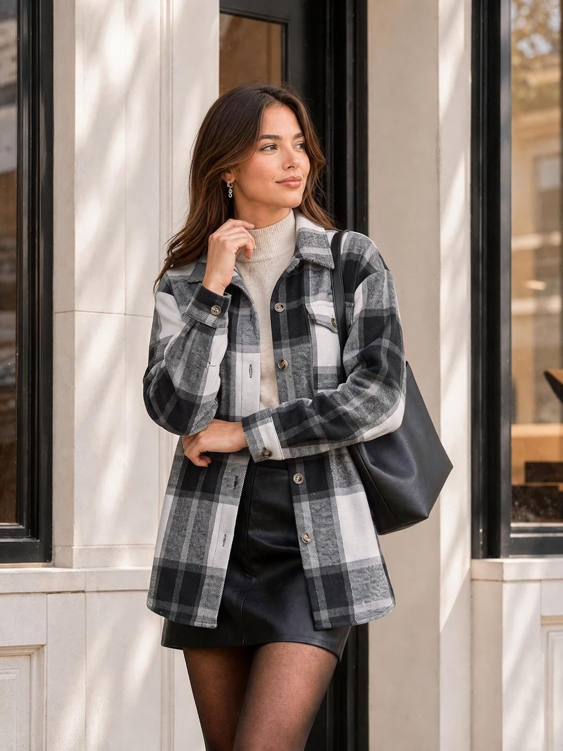 image:imageZeagoo Womens Flannel Plaid Shacket Long Sleeve Button Down Jacket S2XLAgray