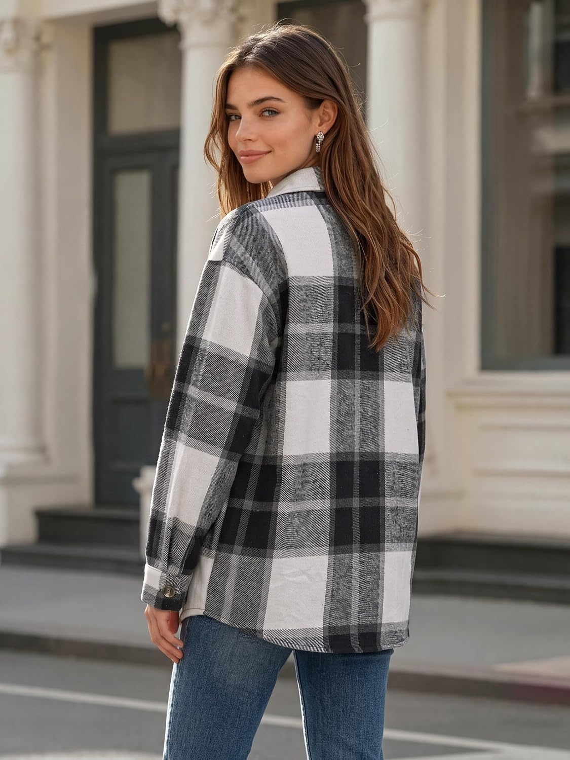 image:imageZeagoo Womens Flannel Plaid Shacket Long Sleeve Button Down Jacket S2XLAgray