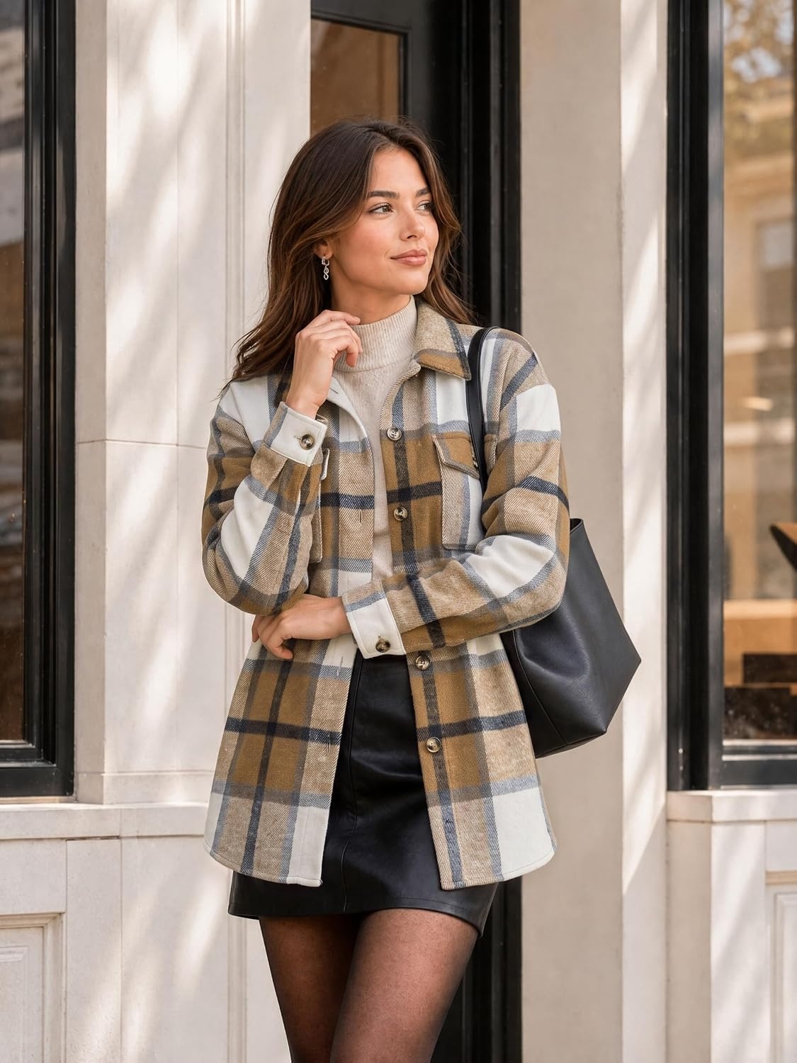 image:imageZeagoo Womens Flannel Plaid Shacket Long Sleeve Button Down Jacket S2XLAkhaki