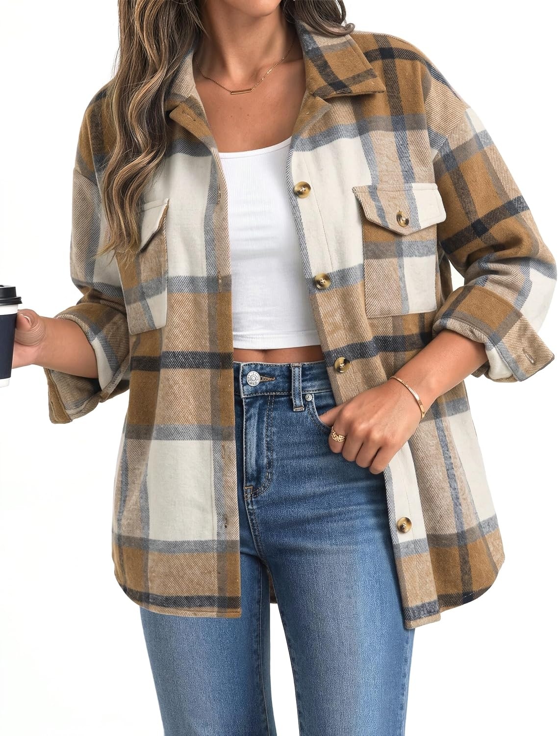 image:imageZeagoo Womens Flannel Plaid Shacket Long Sleeve Button Down Jacket S2XLAkhaki