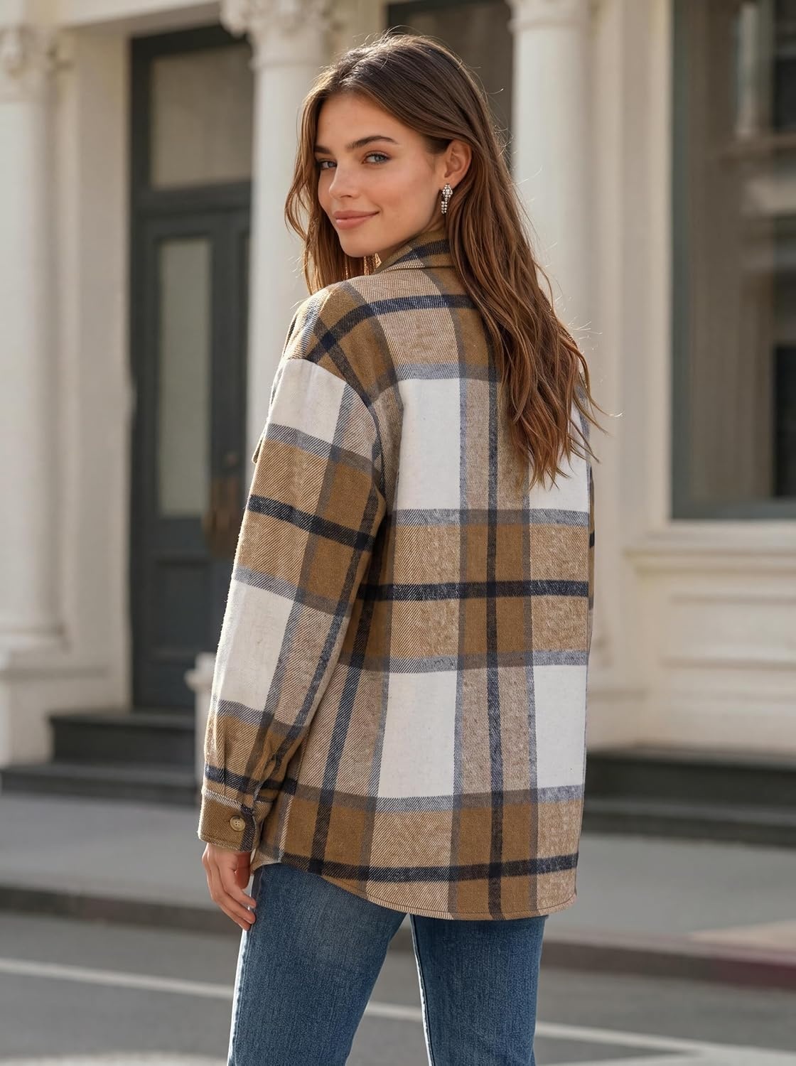 image:imageZeagoo Womens Flannel Plaid Shacket Long Sleeve Button Down Jacket S2XLAkhaki