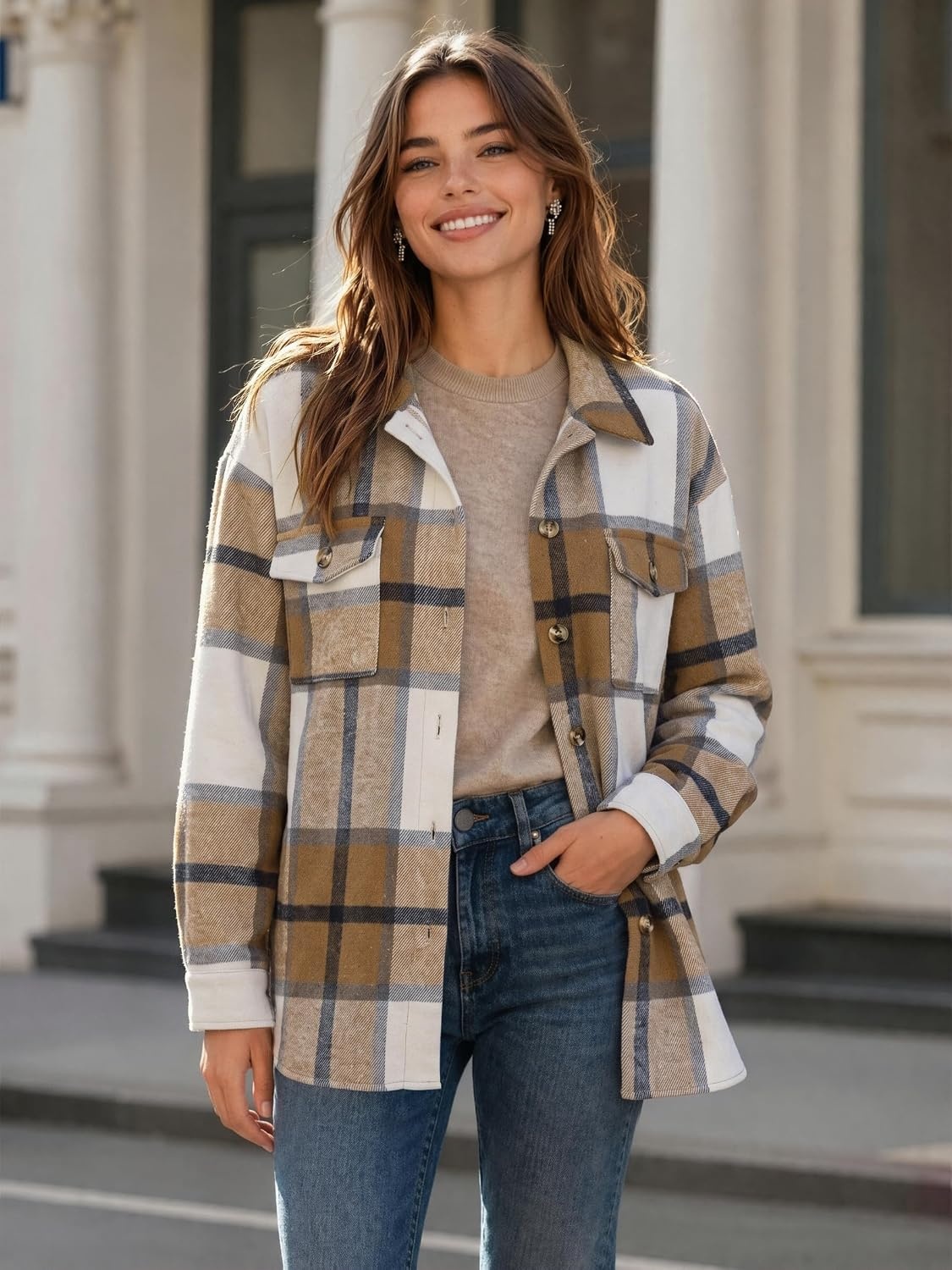 image:imageZeagoo Womens Flannel Plaid Shacket Long Sleeve Button Down Jacket S2XLAkhaki