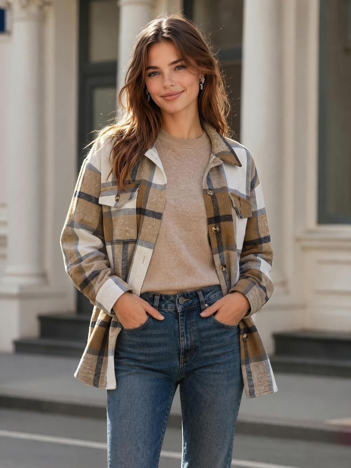 image:imageZeagoo Womens Flannel Plaid Shacket Long Sleeve Button Down Jacket S2XLAkhaki