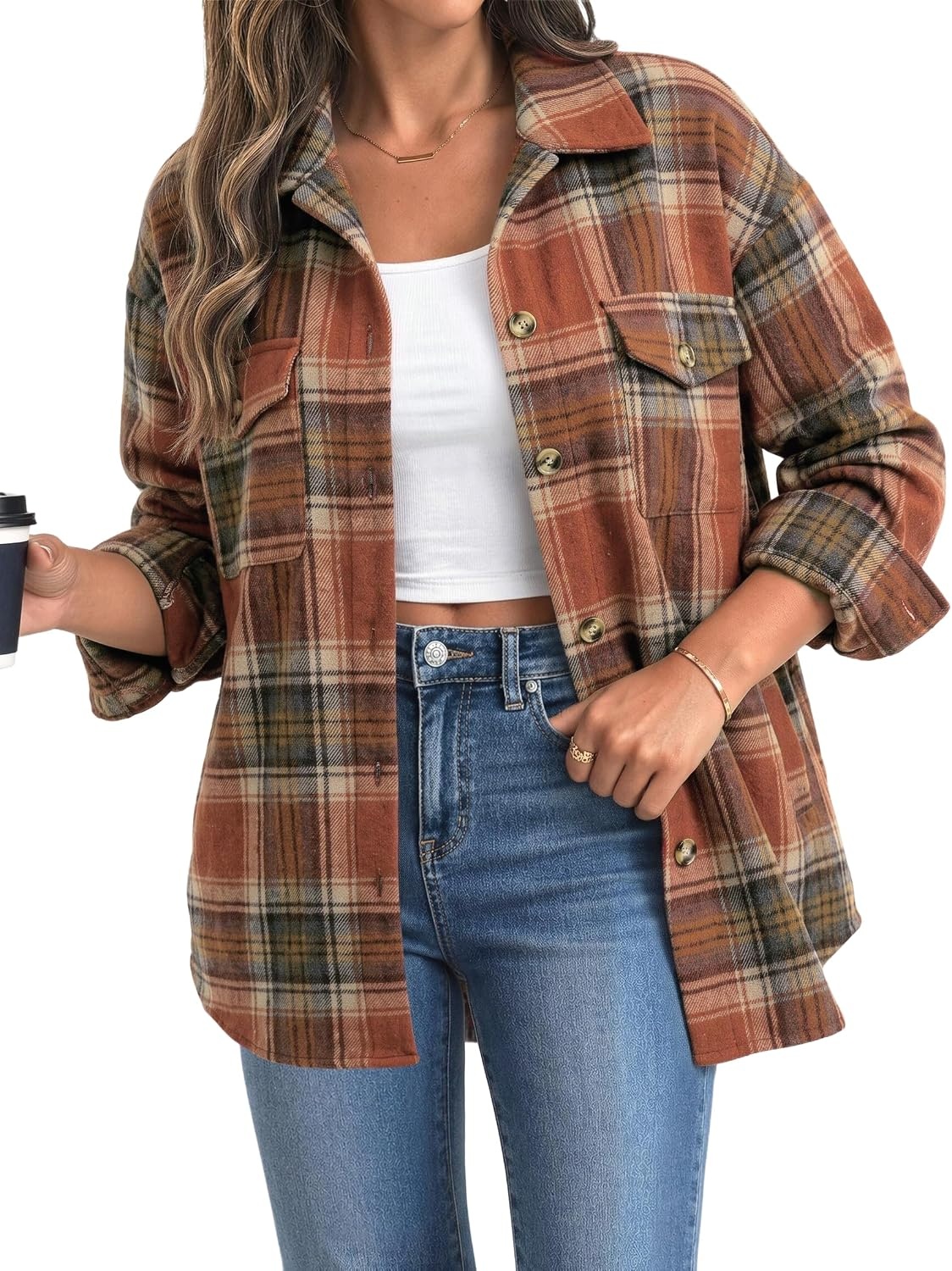 image:imageZeagoo Womens Flannel Plaid Shacket Long Sleeve Button Down Jacket S2XLAorange