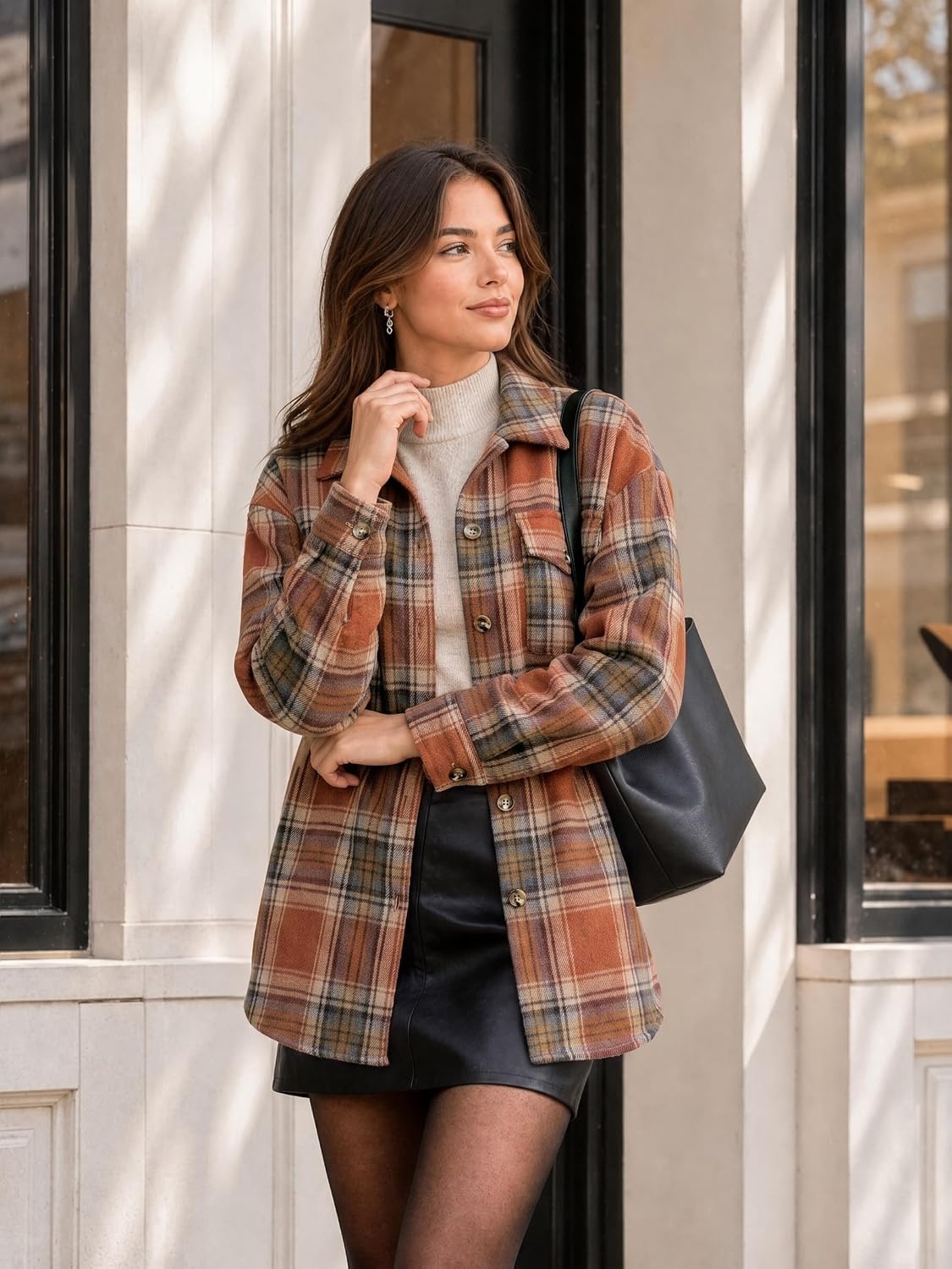 image:imageZeagoo Womens Flannel Plaid Shacket Long Sleeve Button Down Jacket S2XLAorange