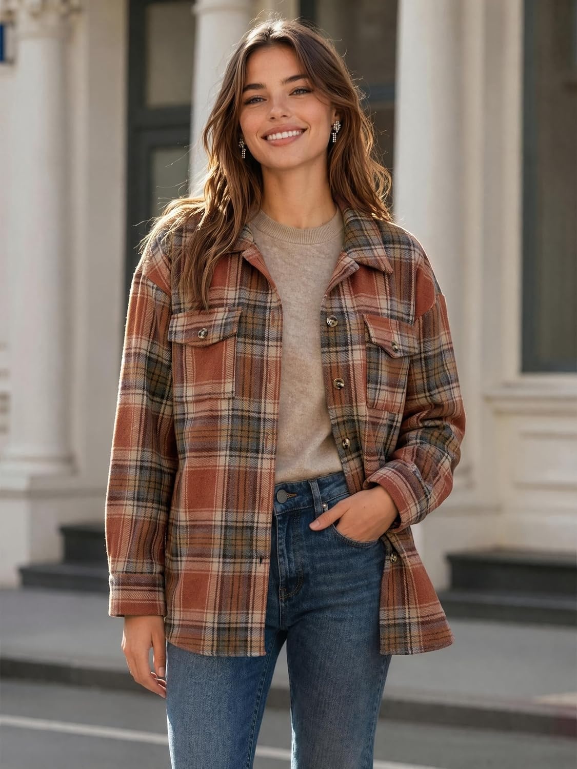 image:imageZeagoo Womens Flannel Plaid Shacket Long Sleeve Button Down Jacket S2XLAorange