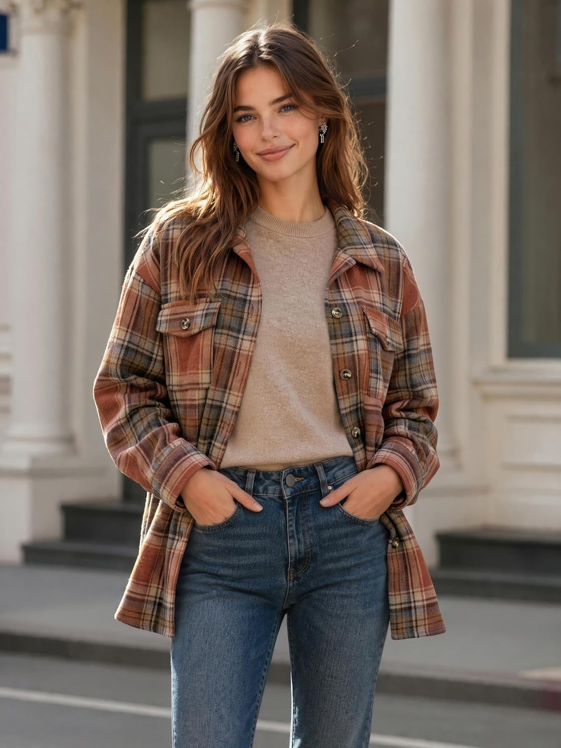 image:imageZeagoo Womens Flannel Plaid Shacket Long Sleeve Button Down Jacket S2XLAorange