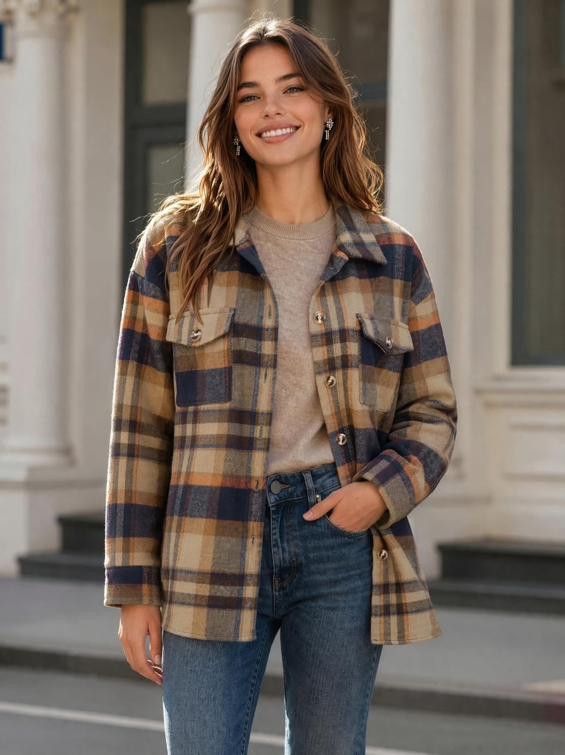 image:imageZeagoo Womens Flannel Plaid Shacket Long Sleeve Button Down Jacket S2XLBrownblue