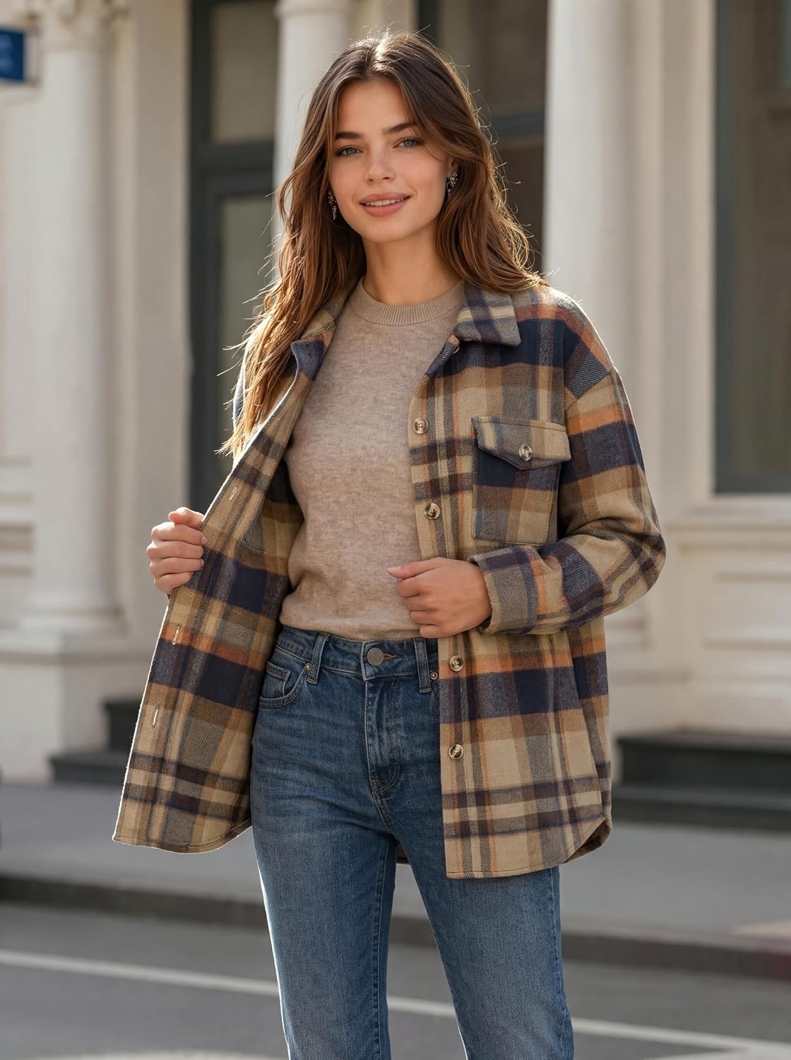 image:imageZeagoo Womens Flannel Plaid Shacket Long Sleeve Button Down Jacket S2XLBrownblue