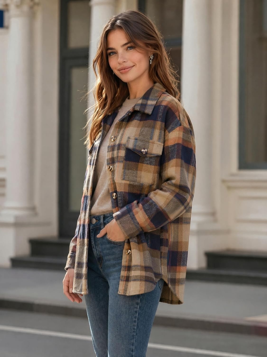 image:imageZeagoo Womens Flannel Plaid Shacket Long Sleeve Button Down Jacket S2XLBrownblue