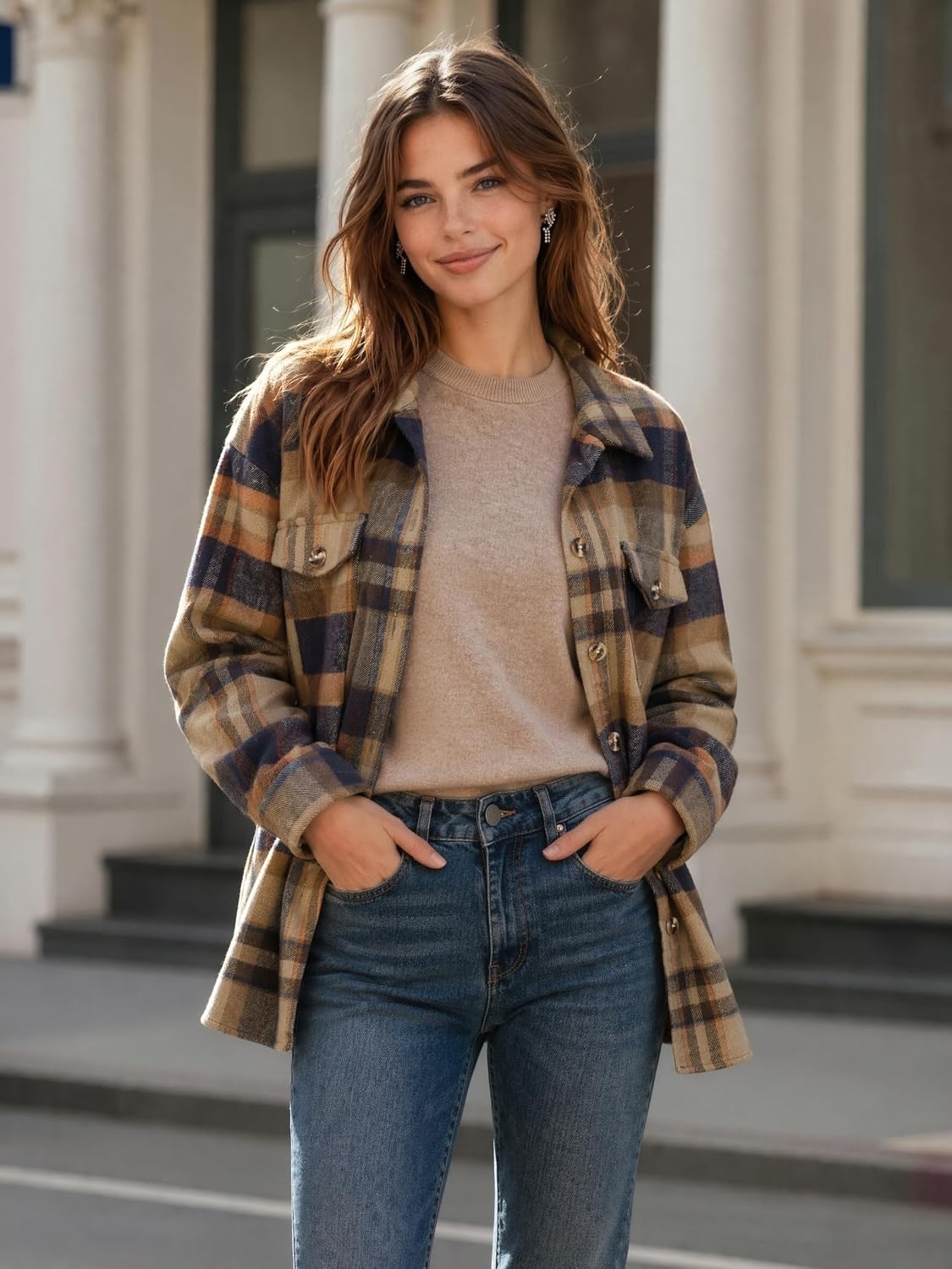 image:imageZeagoo Womens Flannel Plaid Shacket Long Sleeve Button Down Jacket S2XLBrownblue