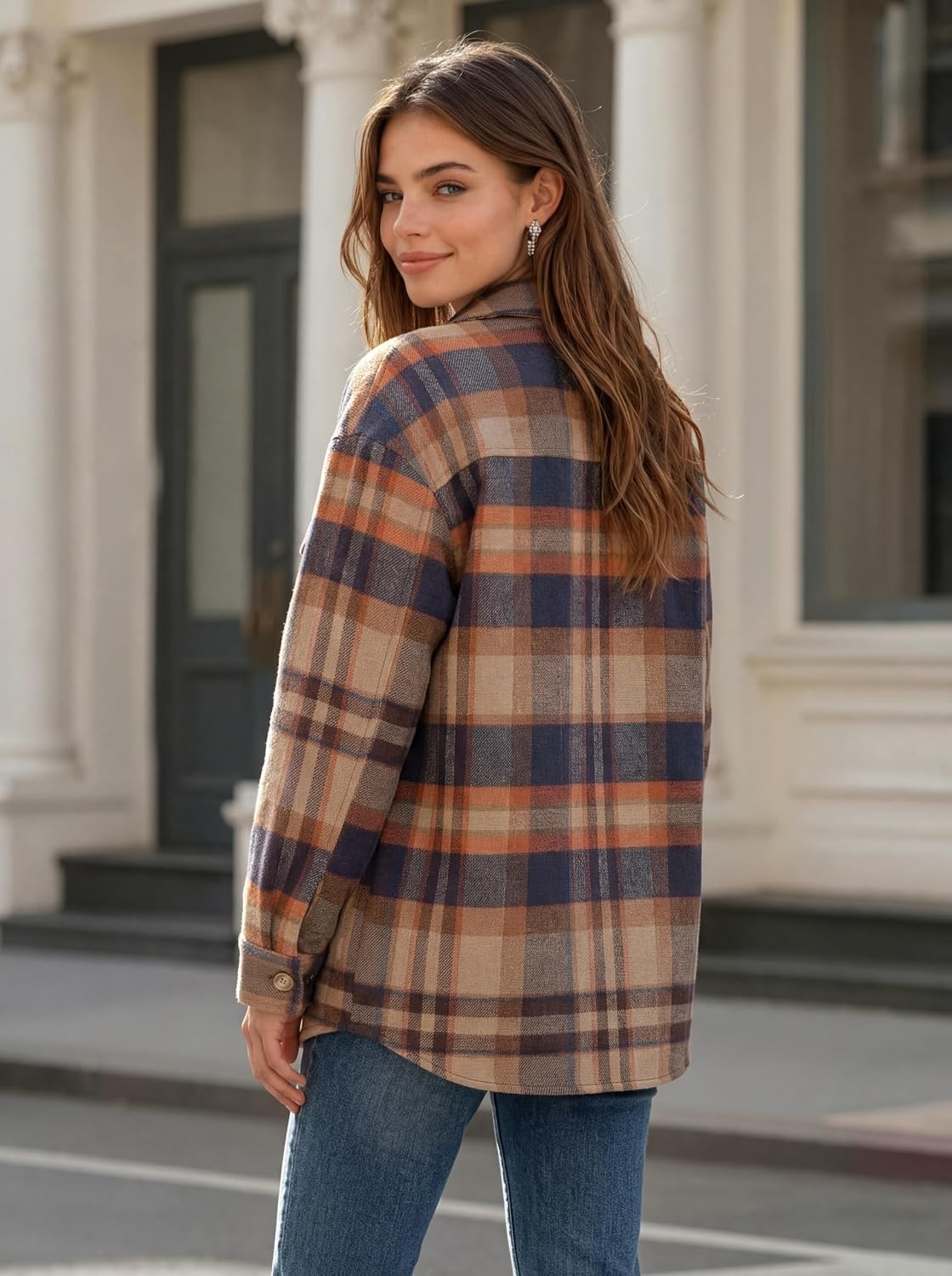 image:imageZeagoo Womens Flannel Plaid Shacket Long Sleeve Button Down Jacket S2XLBrownblue