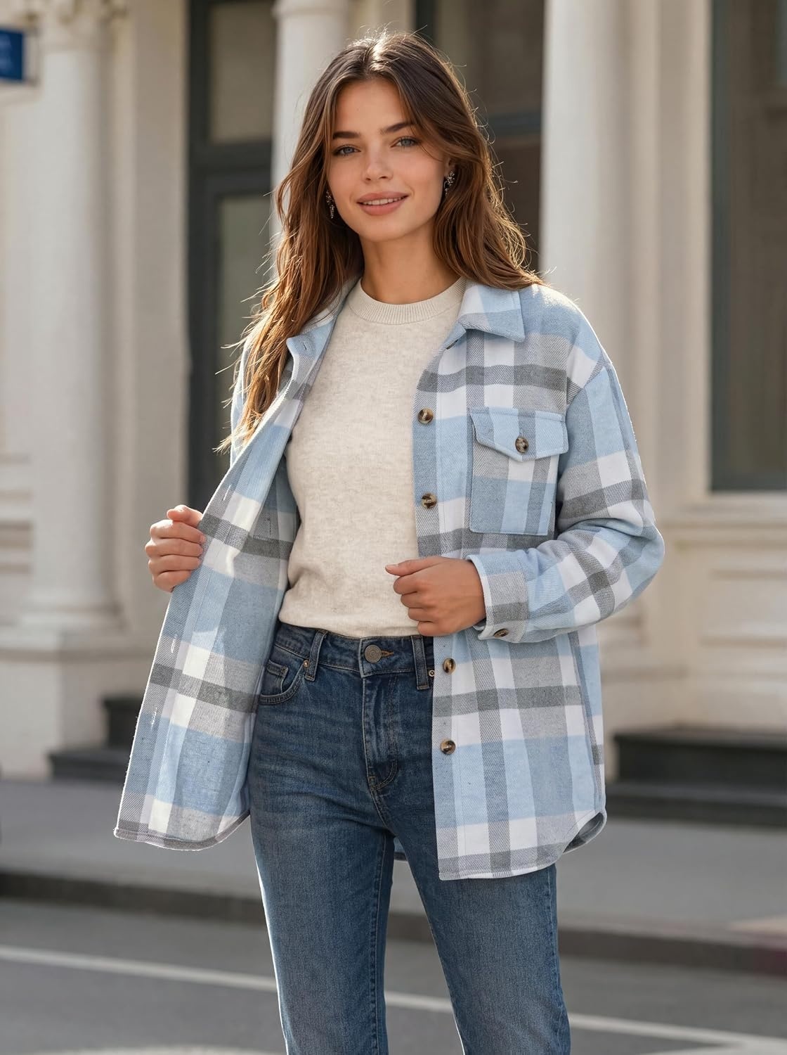image:imageZeagoo Womens Flannel Plaid Shacket Long Sleeve Button Down Jacket S2XLGrayblue