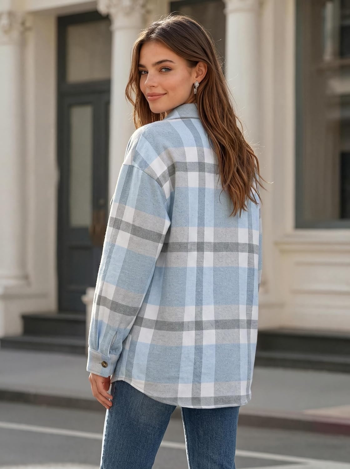 image:imageZeagoo Womens Flannel Plaid Shacket Long Sleeve Button Down Jacket S2XLGrayblue